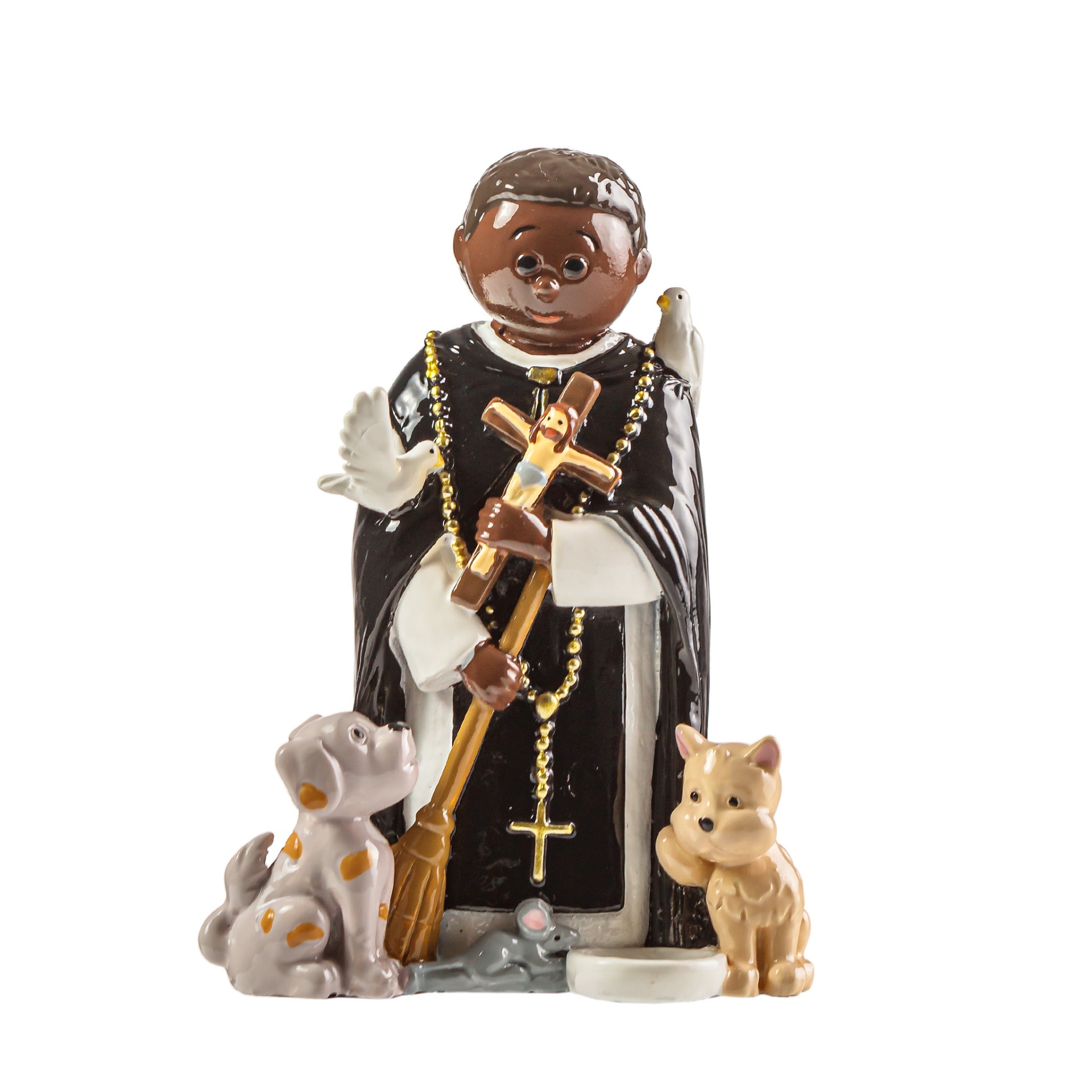 Figurinha religiosa de santo com animais em cerâmica, fundo branco