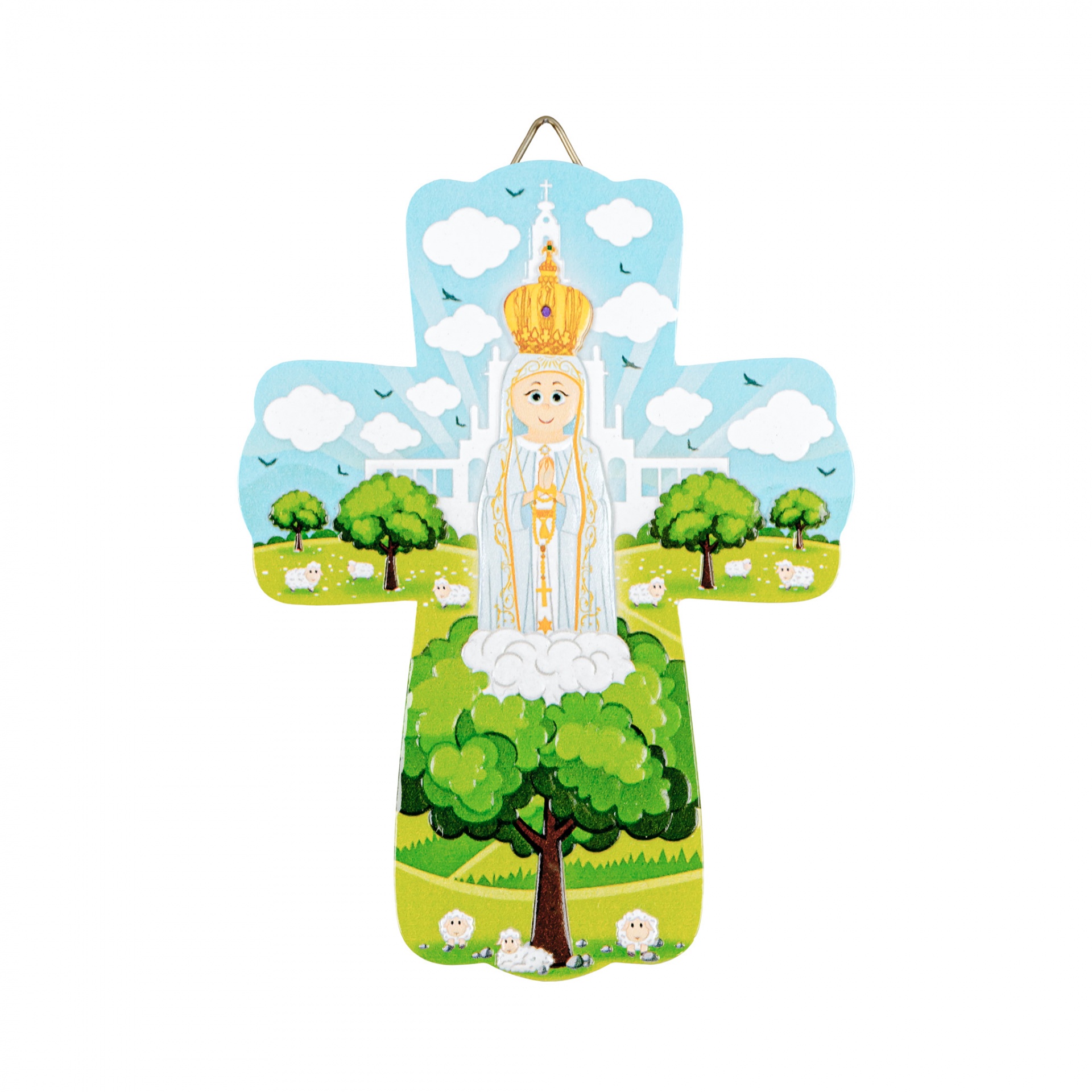 Cruz decorativa em madeira com imagem religiosa de Nossa Senhora e paisagem.