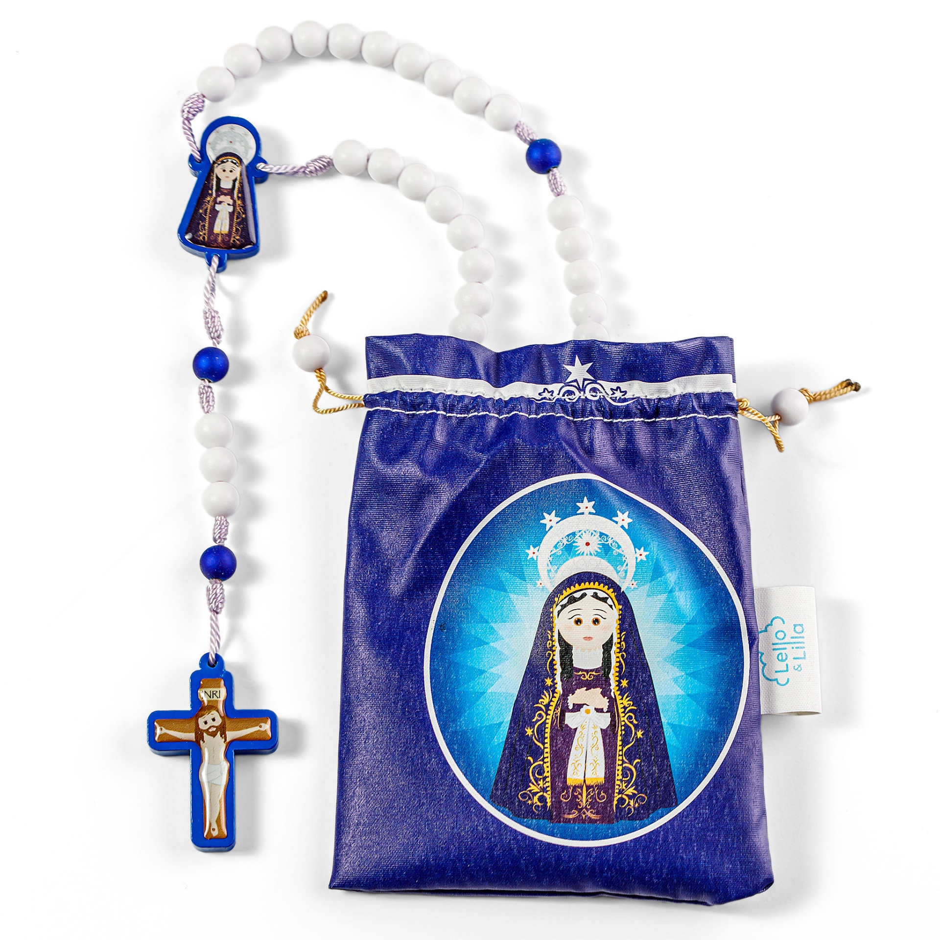 Colar religioso com crucifixo e saco roxo com imagem da Virgem Maria