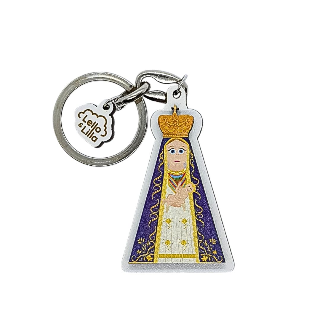Porta-chaves figura religiosa com manto azul e coroa dourada com etiqueta Lello e Lilla