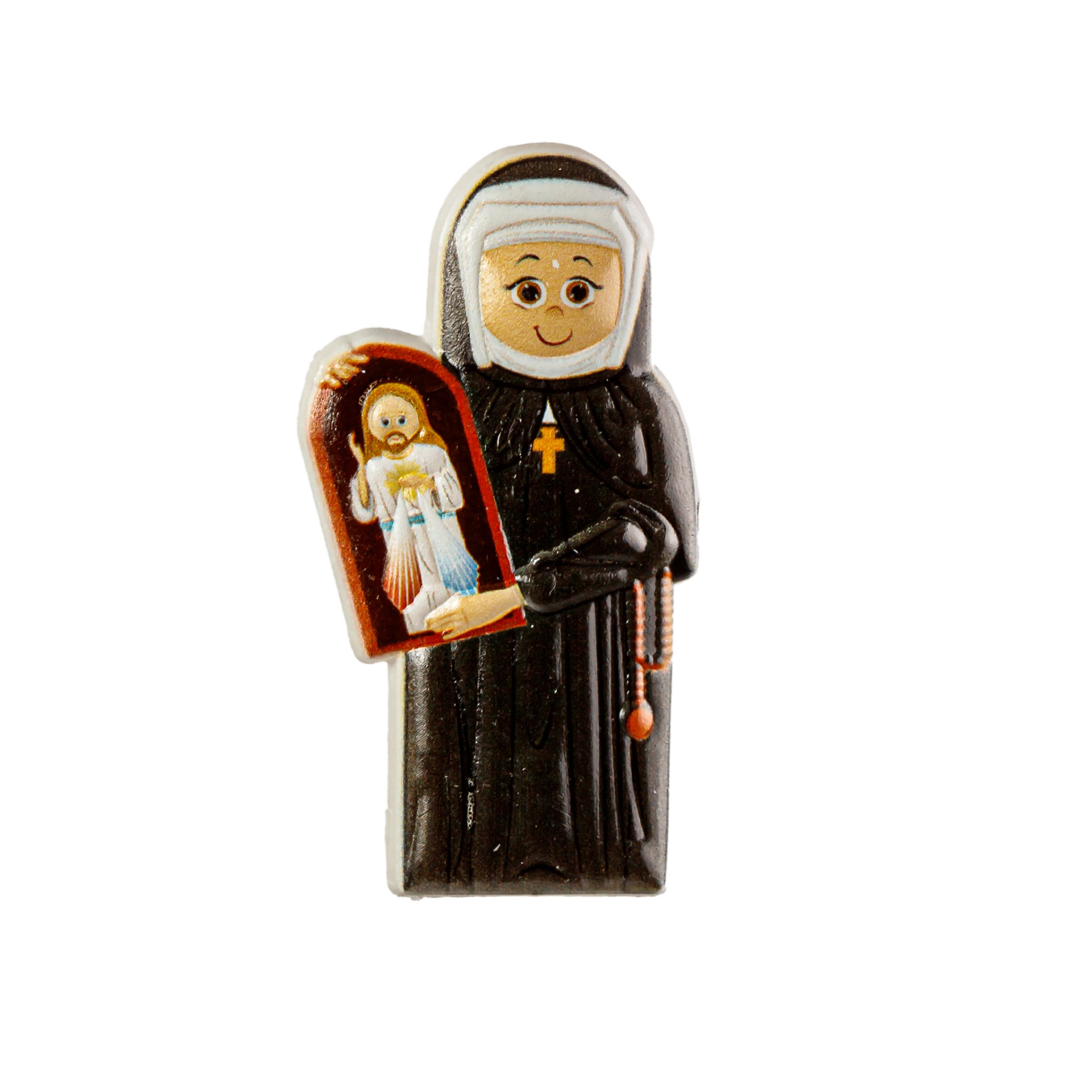 Estatueta de freira com painel de Jesus em cerâmica ou plástico