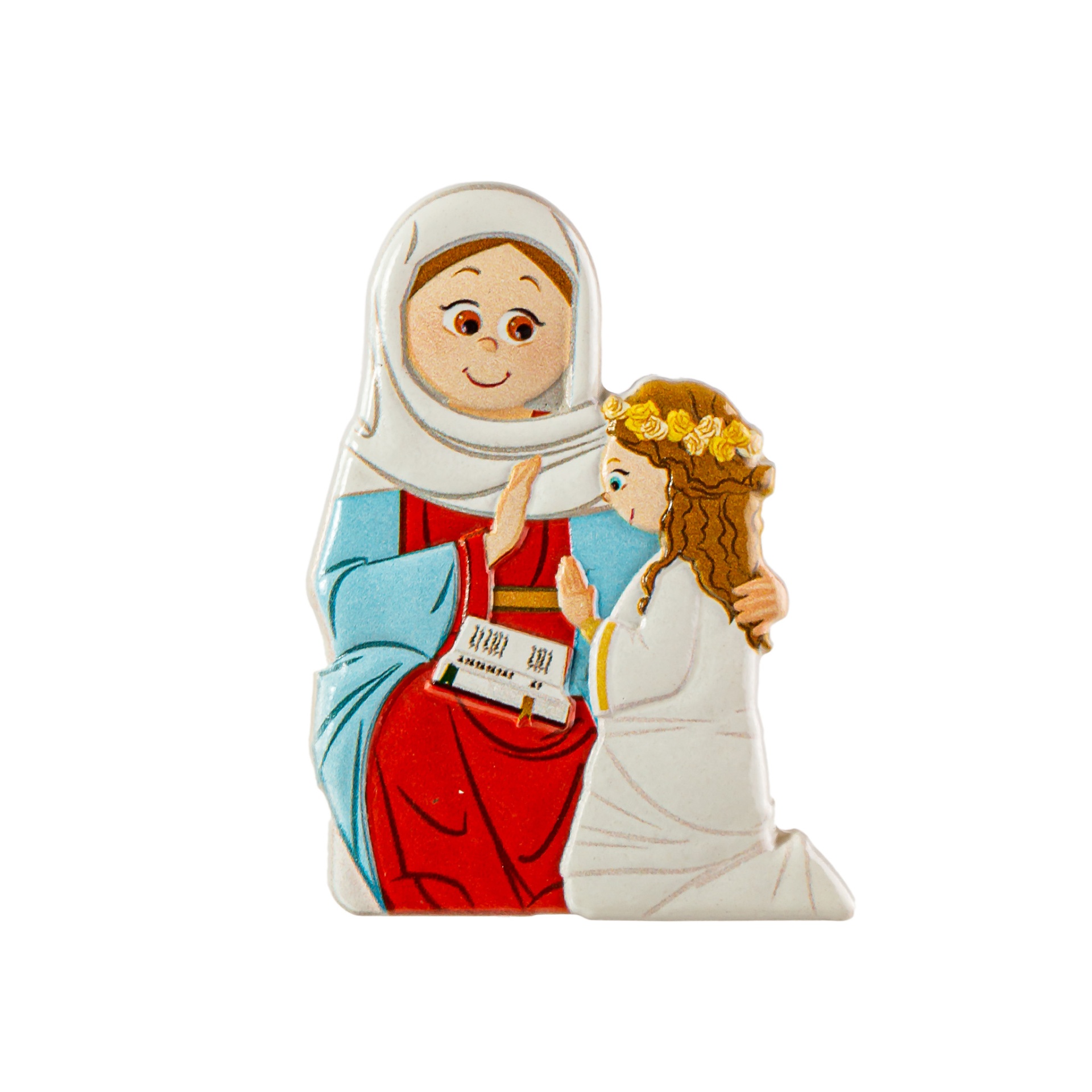 Figura decorativa feminina com menina de vestido branco e coroa de flores