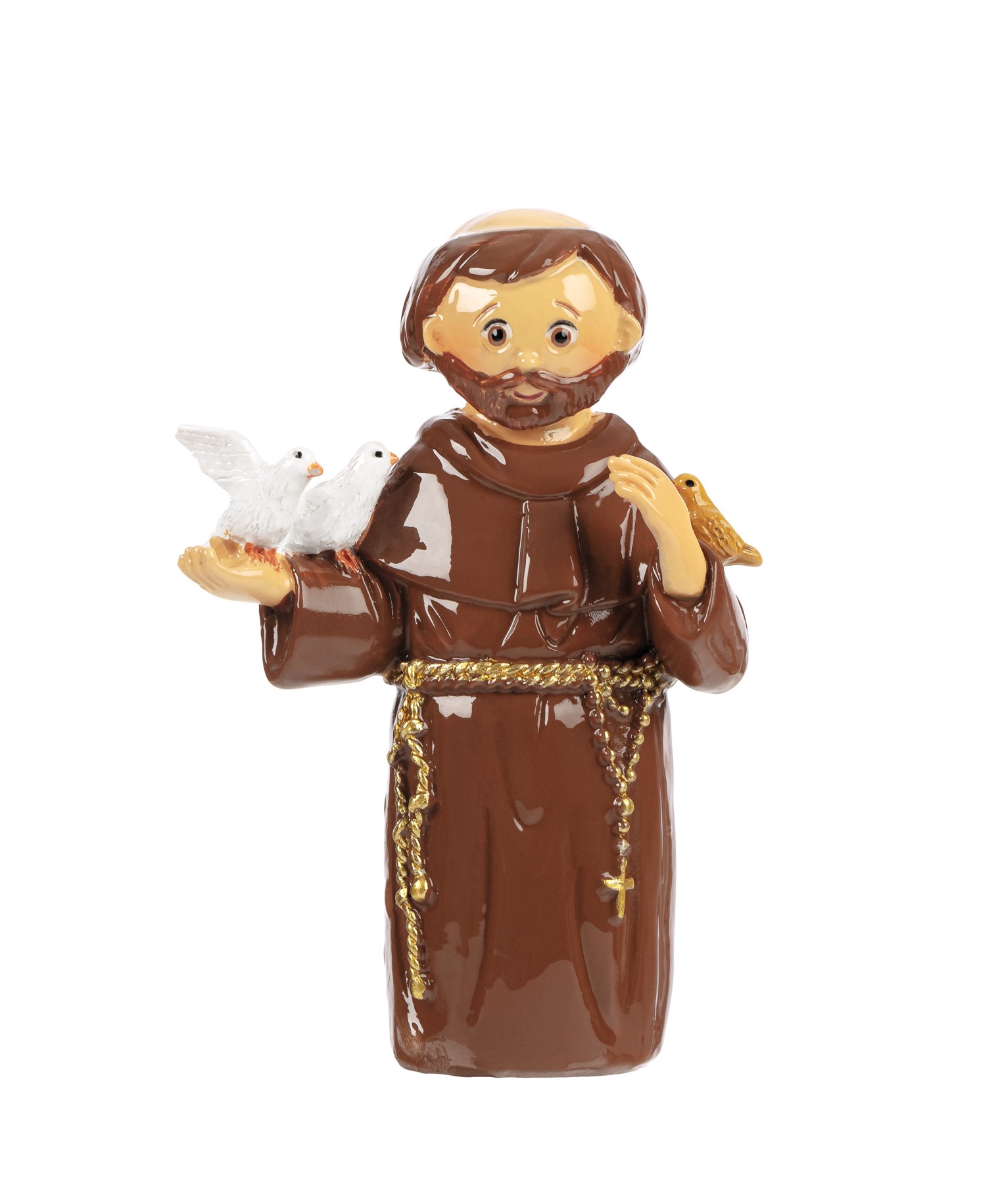 Estatueta cerâmica de homem com barba e túnica marrom segurando pombas e pássaro