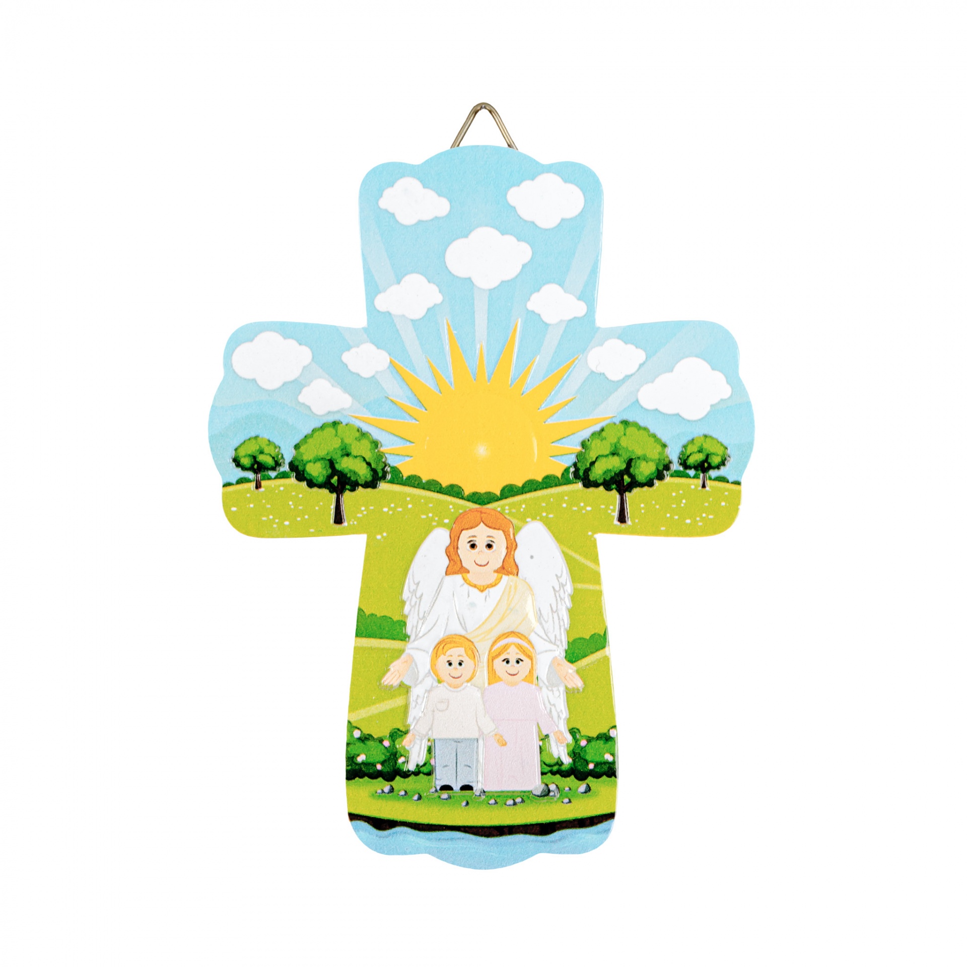 Cruz decorativa em madeira com anjo e crianças num cenário colorido