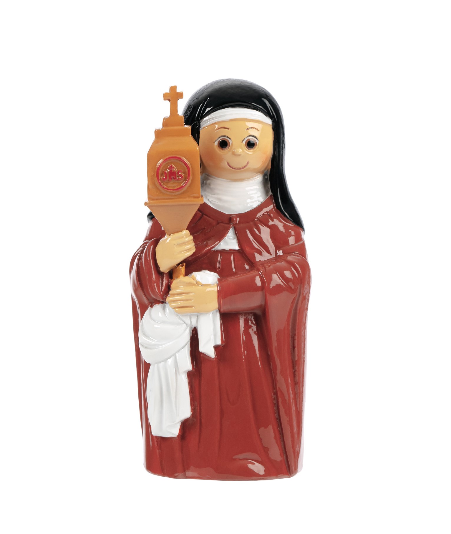 Estátua cerâmica de freira com hábito vermelho e véu preto segurando objeto religioso.