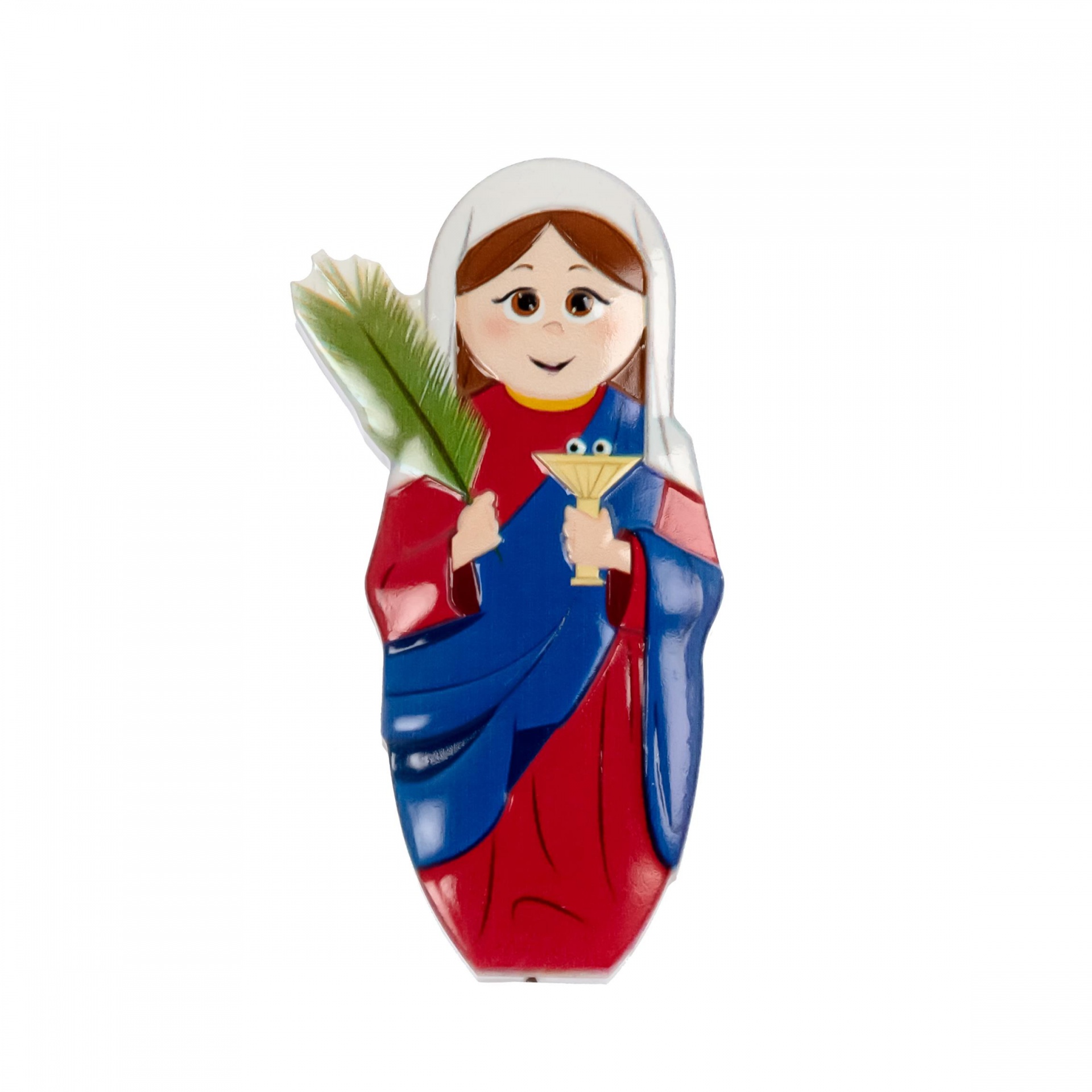 Figura decorativa de santa em madeira com vestido vermelho e capa azul segurando folha e cálice