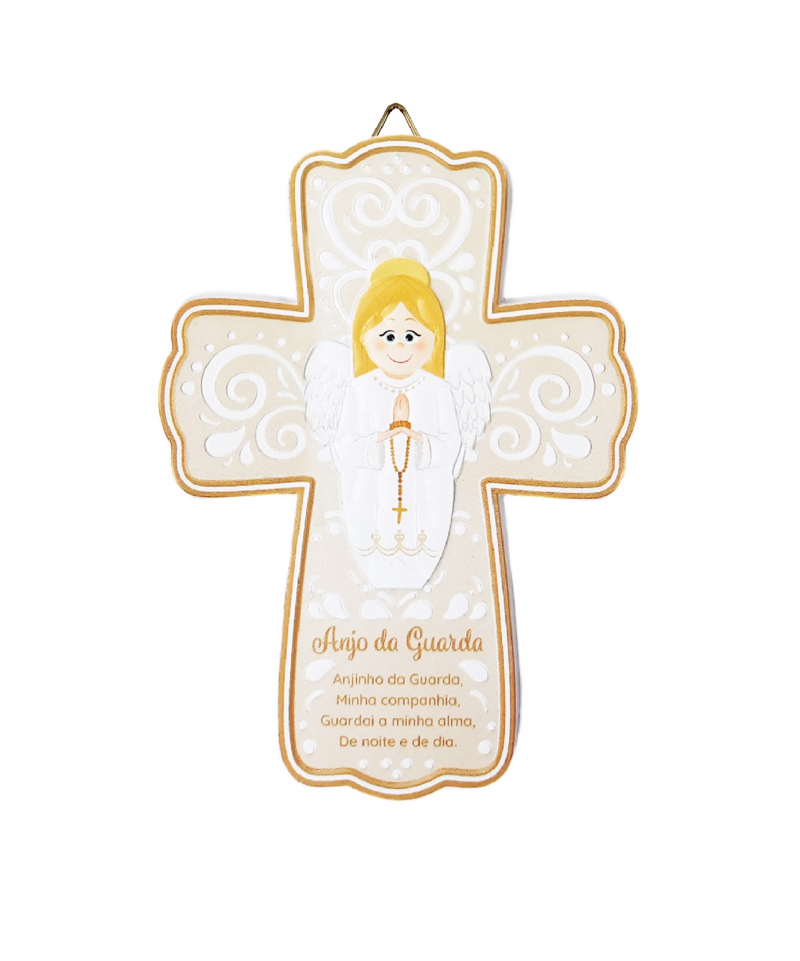 Cruz decorativa com anjo esculpido e texto em dourado