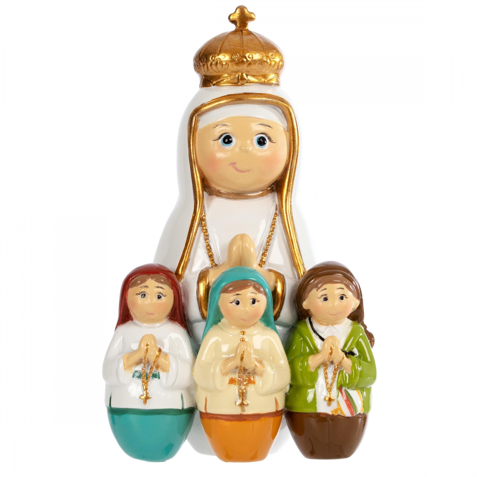 Figura religiosa em cerâmica com coroa dourada e três crianças ajoelhadas com rosários