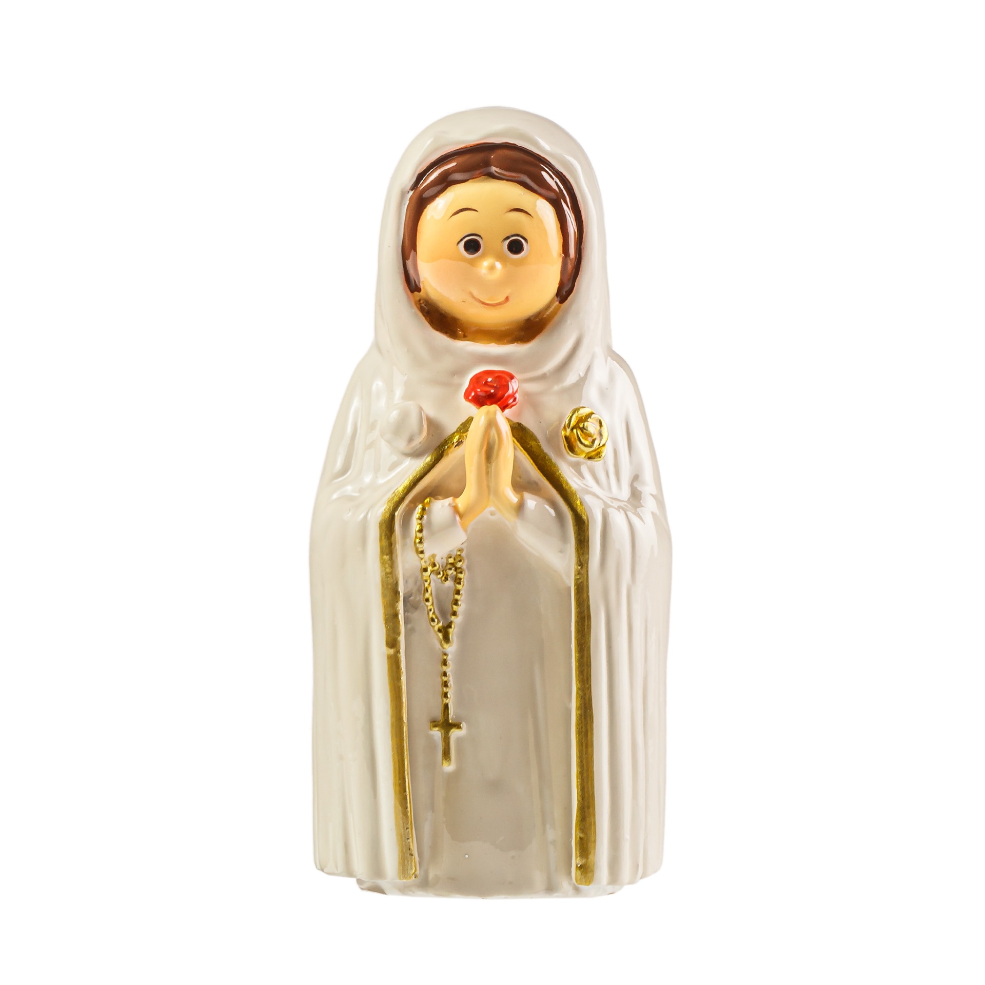 Figurinha cerâmica branca com capuz, mãos em oração, detalhes dourados e rosa vermelha