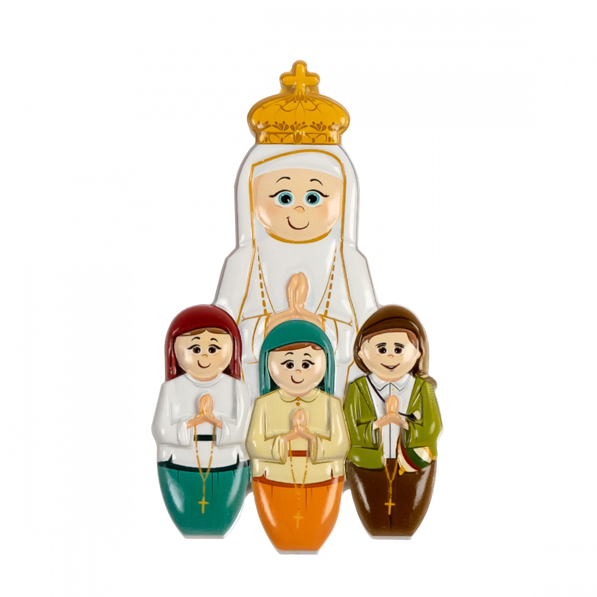 Figuras religiosas cerâmicas coloridas com terços