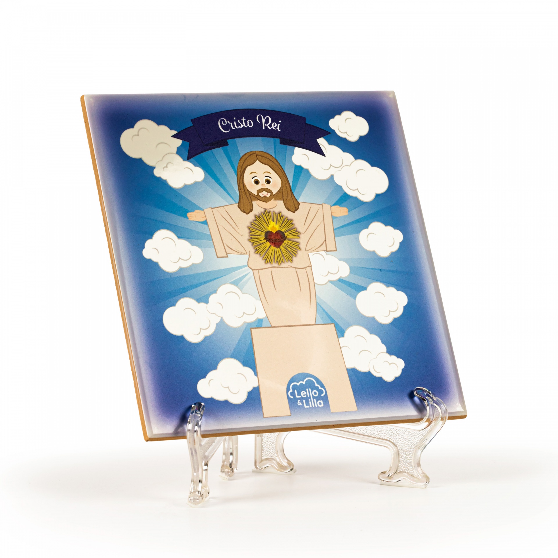 Azulejo decorativo com ilustração de Cristo Rei e texto