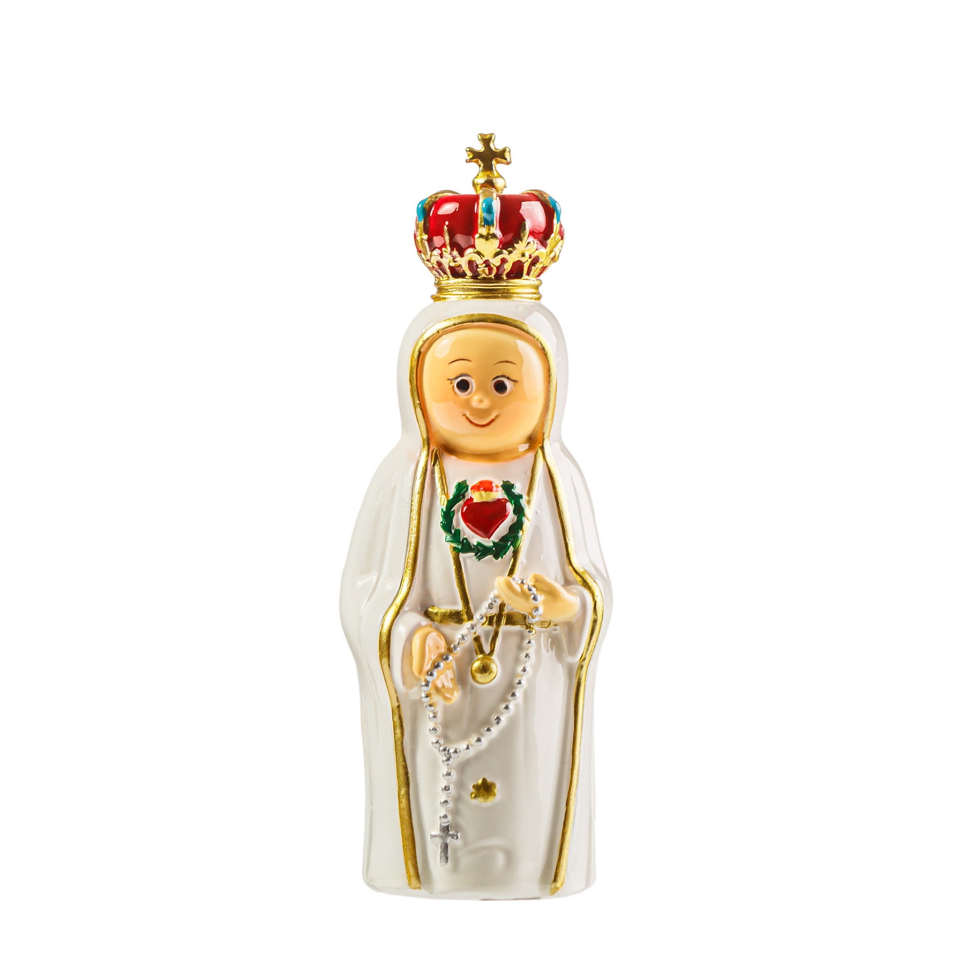 Figura religiosa decorativa com coroa vermelha e detalhes dourados