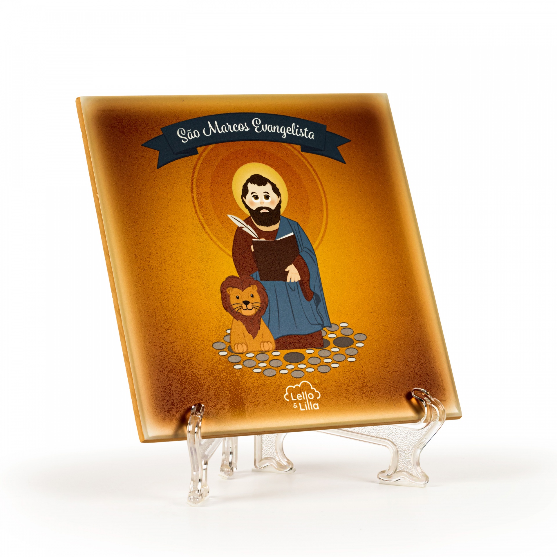Placa decorativa de vidro com imagem de São Marcos Evangelista e leão