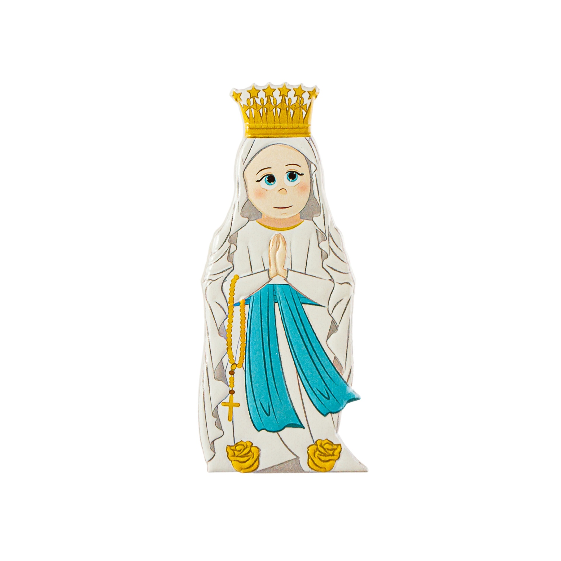 Figura de Nossa Senhora com coroa dourada e vestido azul e branco