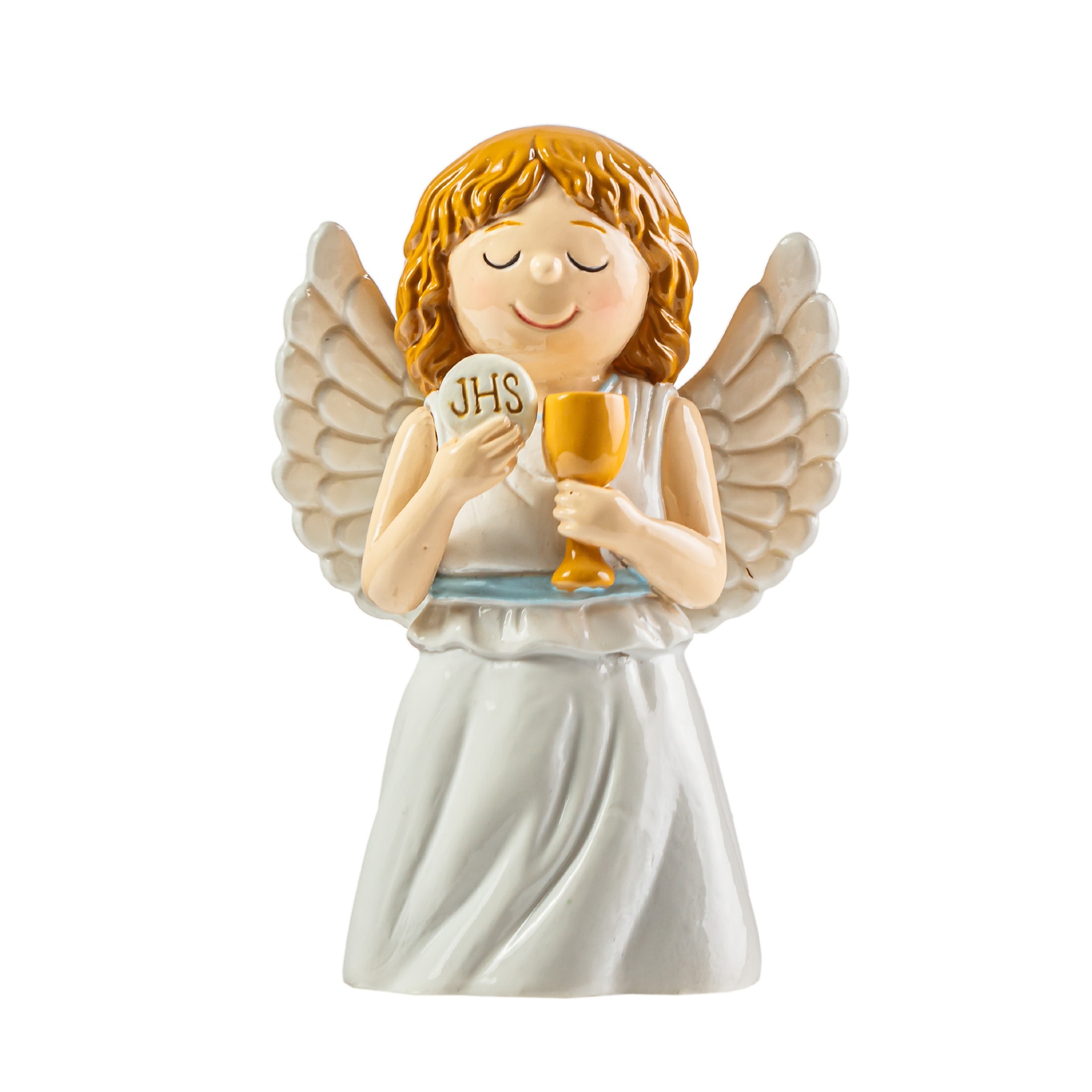 Estatueta de anjo com vestido branco e asas segurando cálice dourado e hóstia com 
