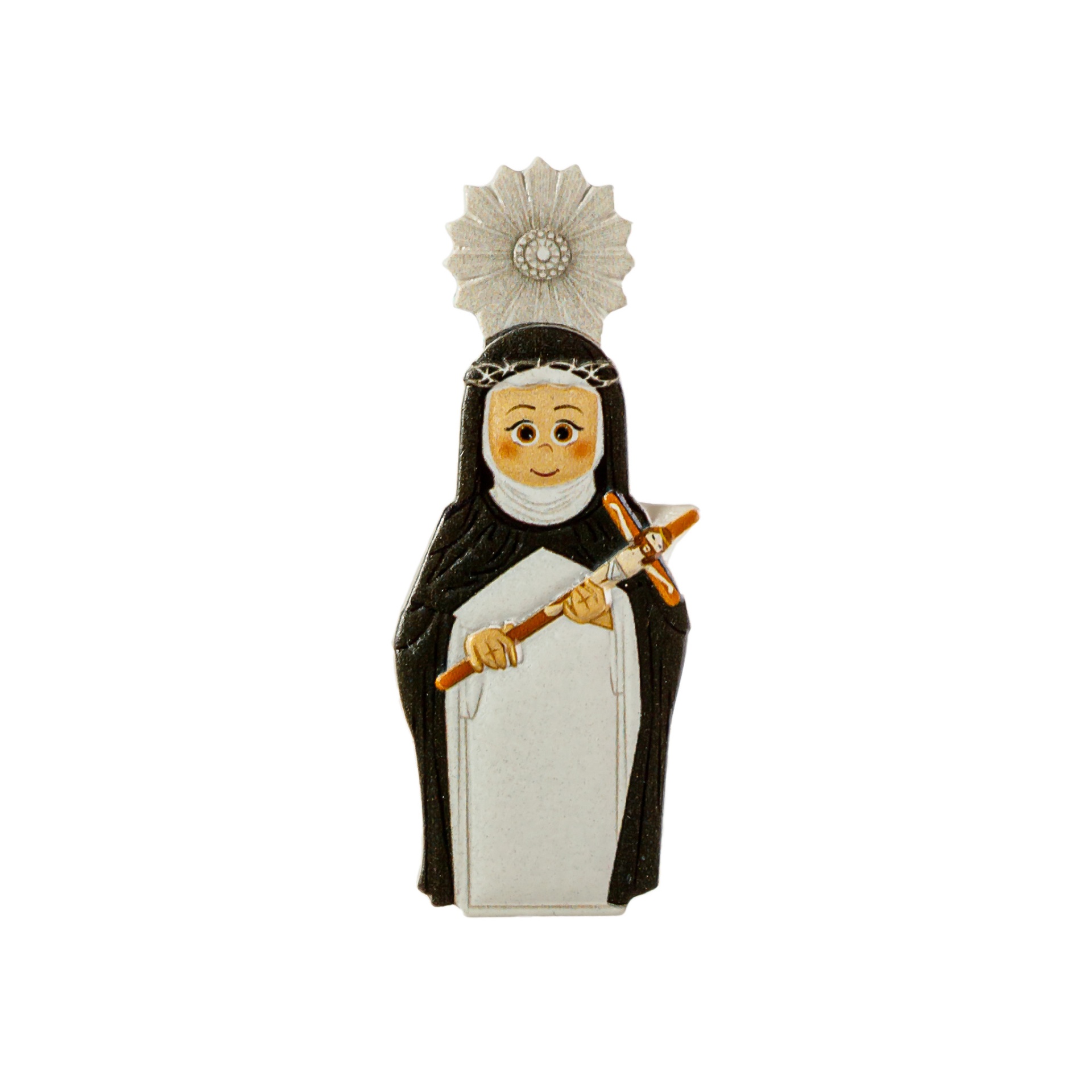 Figura decorativa de freira com hábito preto e branco e cruz