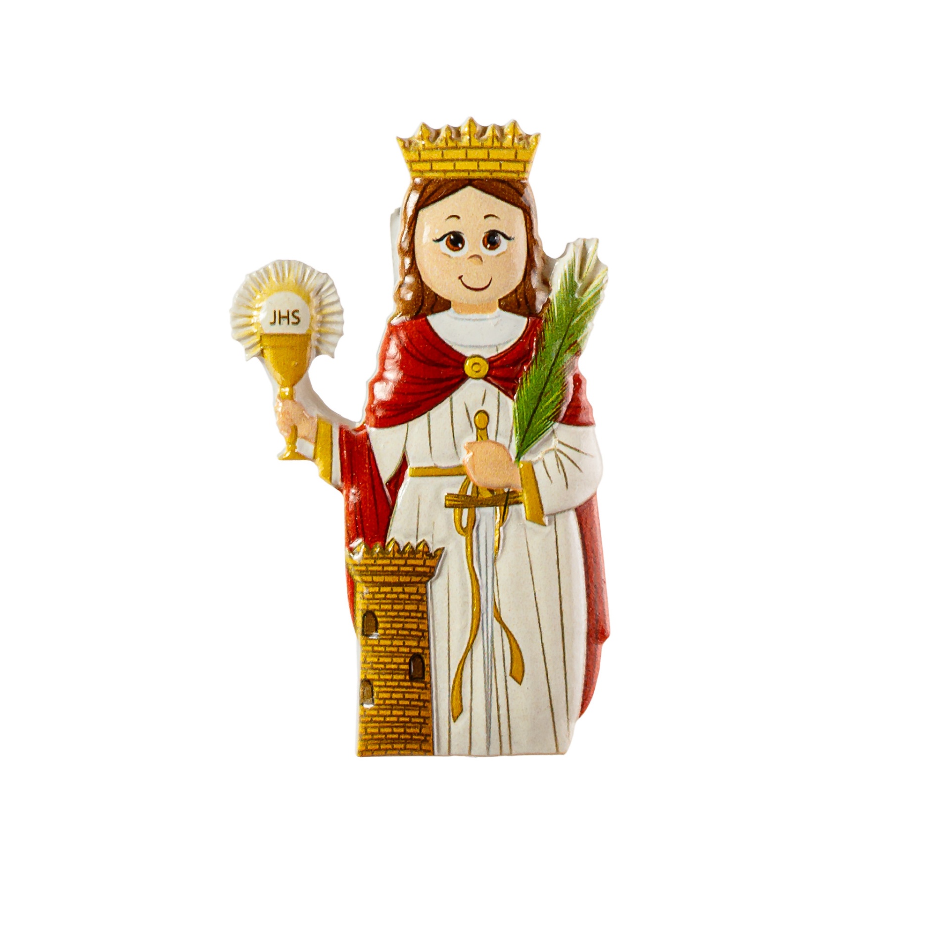 Figura decorativa de cerâmica com coroa, capa vermelha e cálice com inscrição JHS