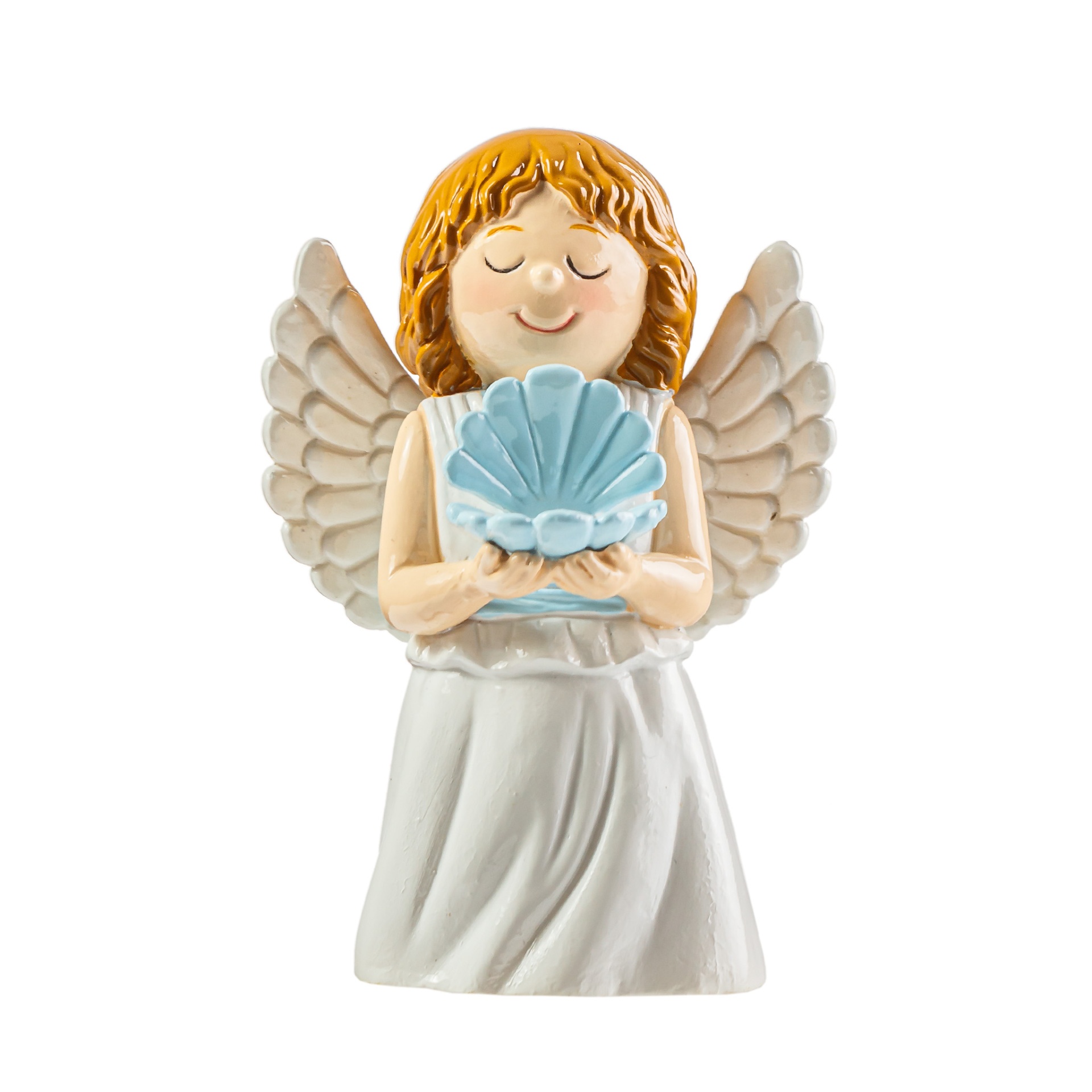 Figura decorativa de anjo com vestido branco e asas bege segurando uma concha azul