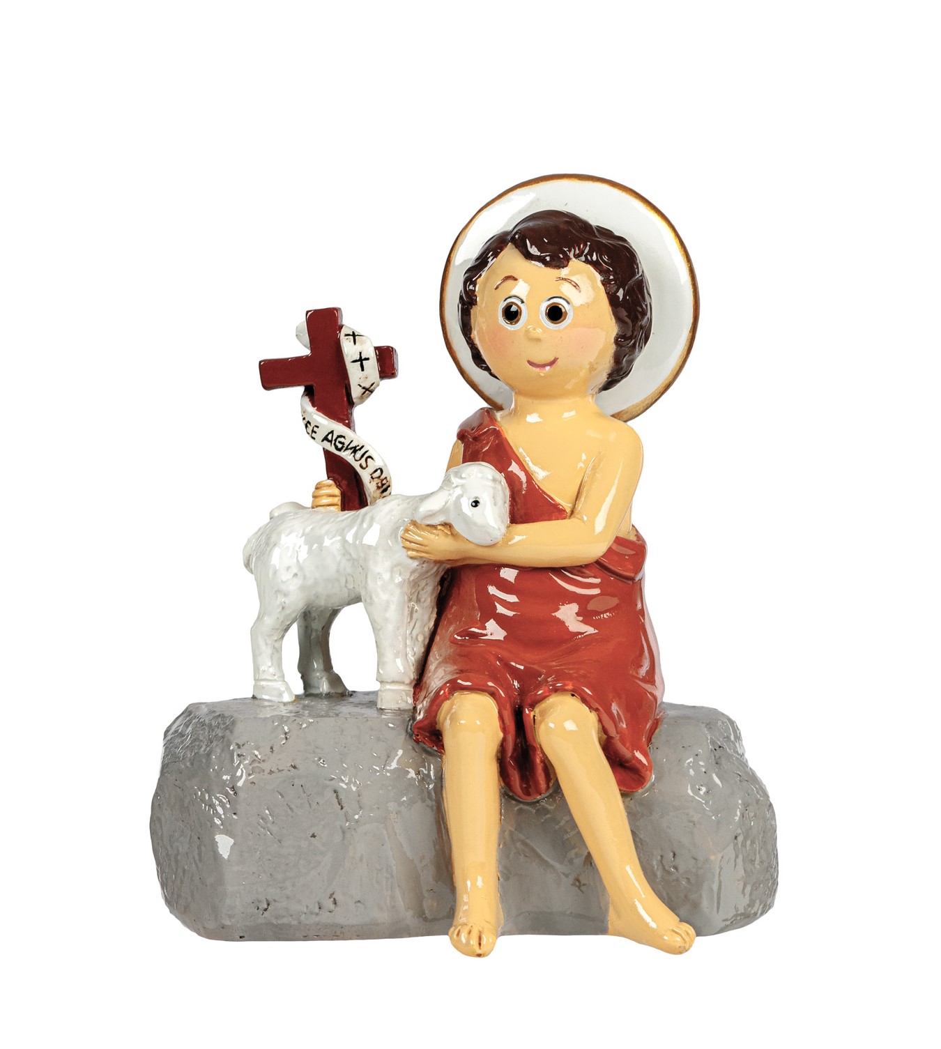 Estatueta de criança com túnica vermelha e cordeiro branco sentado numa pedra