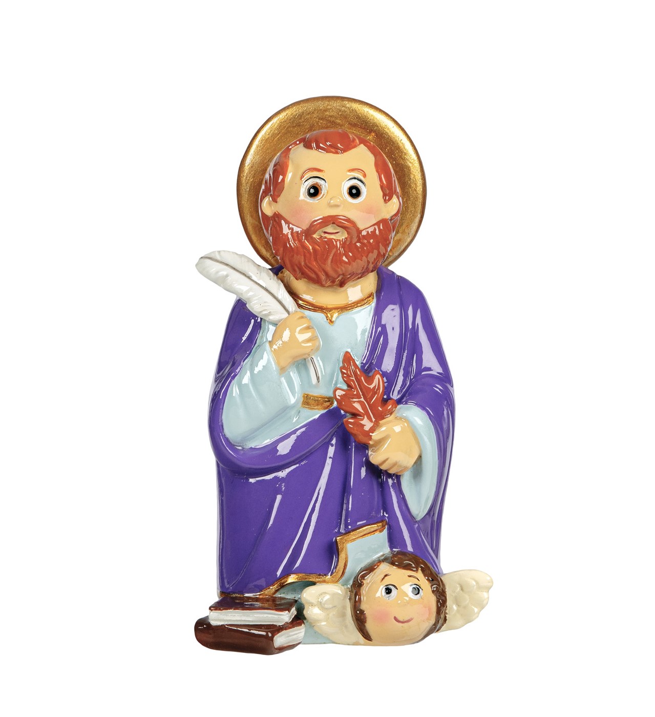 Estátua de santo com auréola dourada e anjo com asas