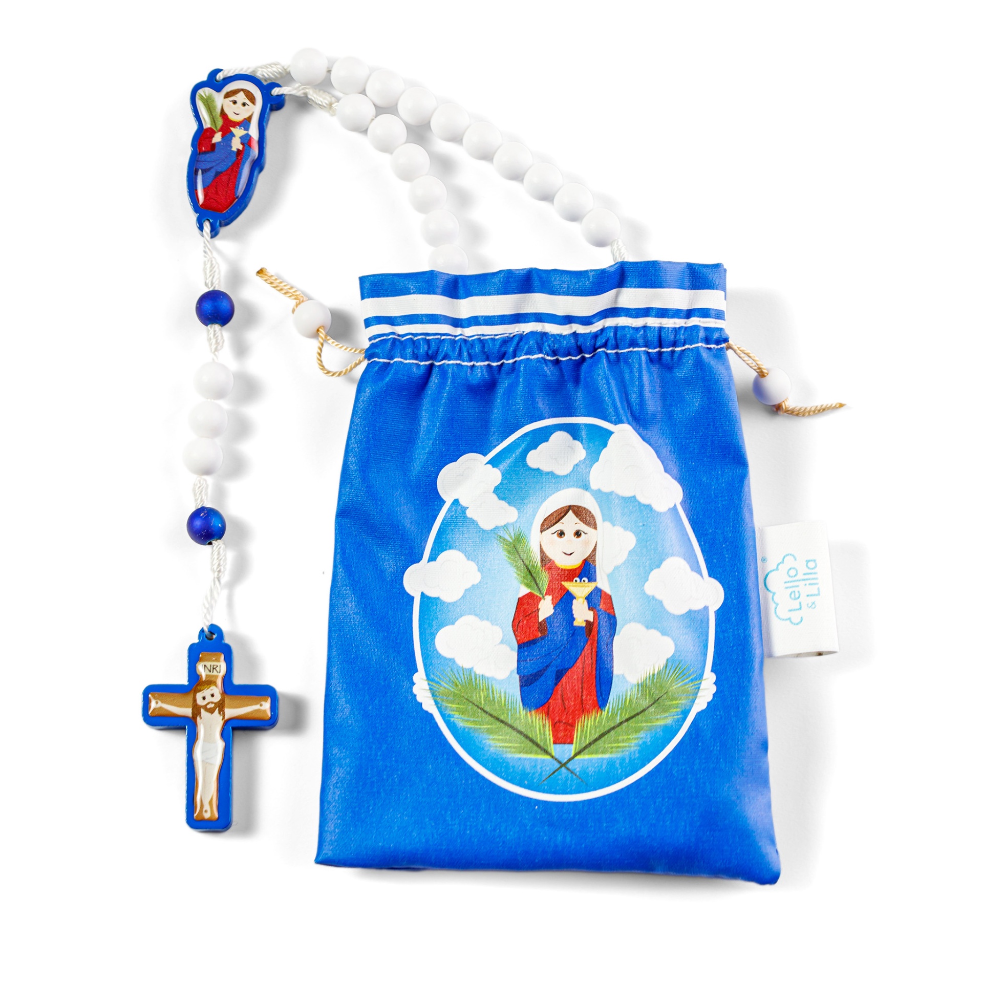 Terço com contas brancas e azuis e saco azul com figura religiosa