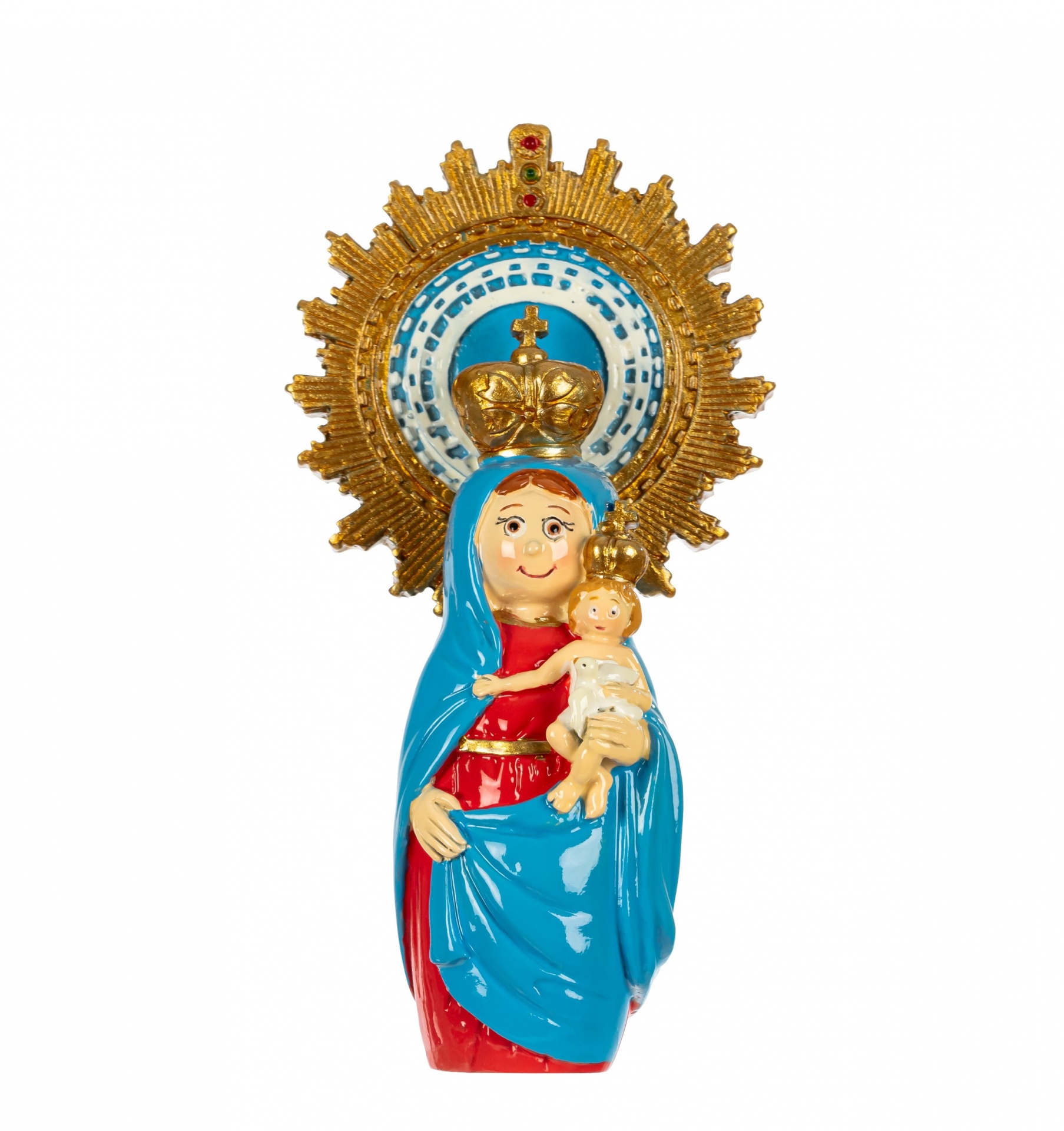 Estátua colorida de Nossa Senhora com Menino Jesus e coroas douradas