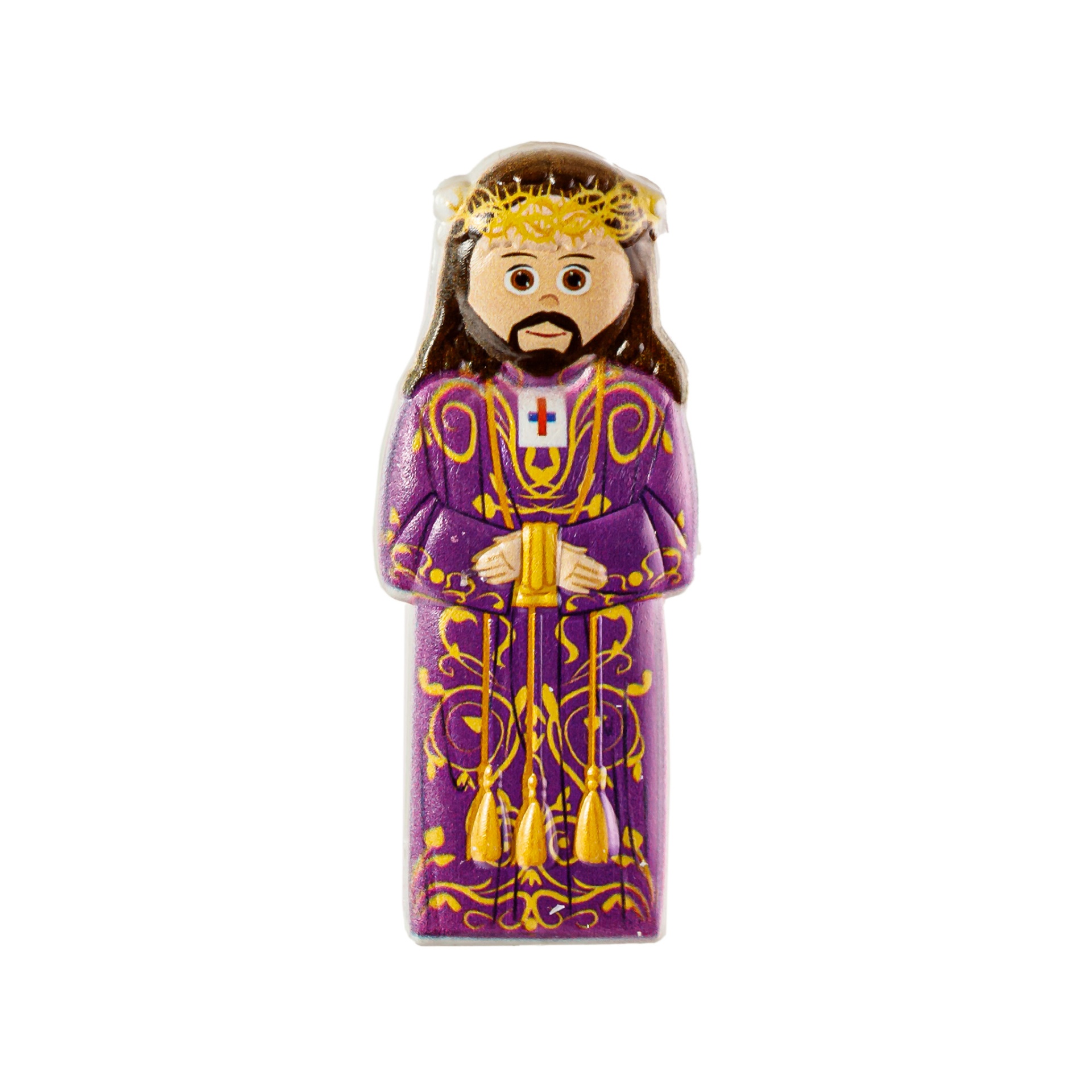 Figura decorativa de Jesus Cristo com túnica roxa e coroa de espinhos dourada