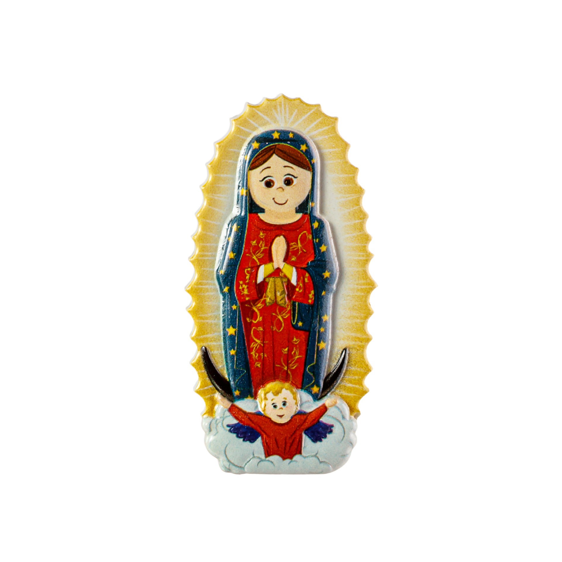 Figura decorativa Nossa Senhora de Guadalupe com anjo, cores azul, vermelho e dourado