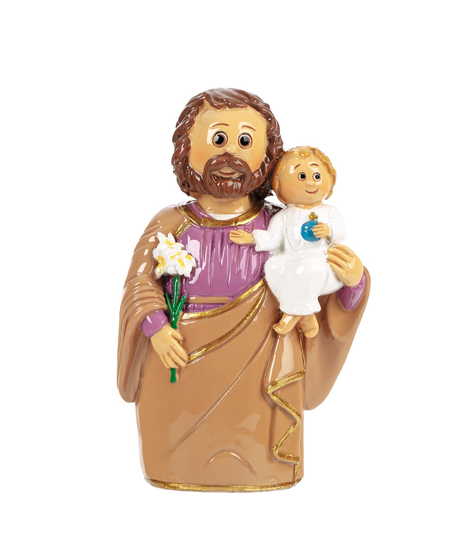 Estatueta religiosa de homem com criança e flores em cerâmica pintada