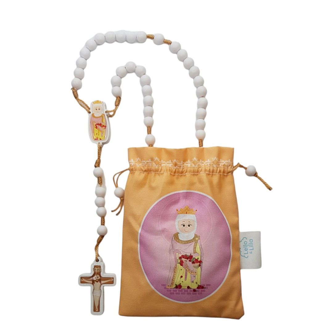 Rosário branco com crucifixo e saquinho cor de pêssego com estampa religiosa