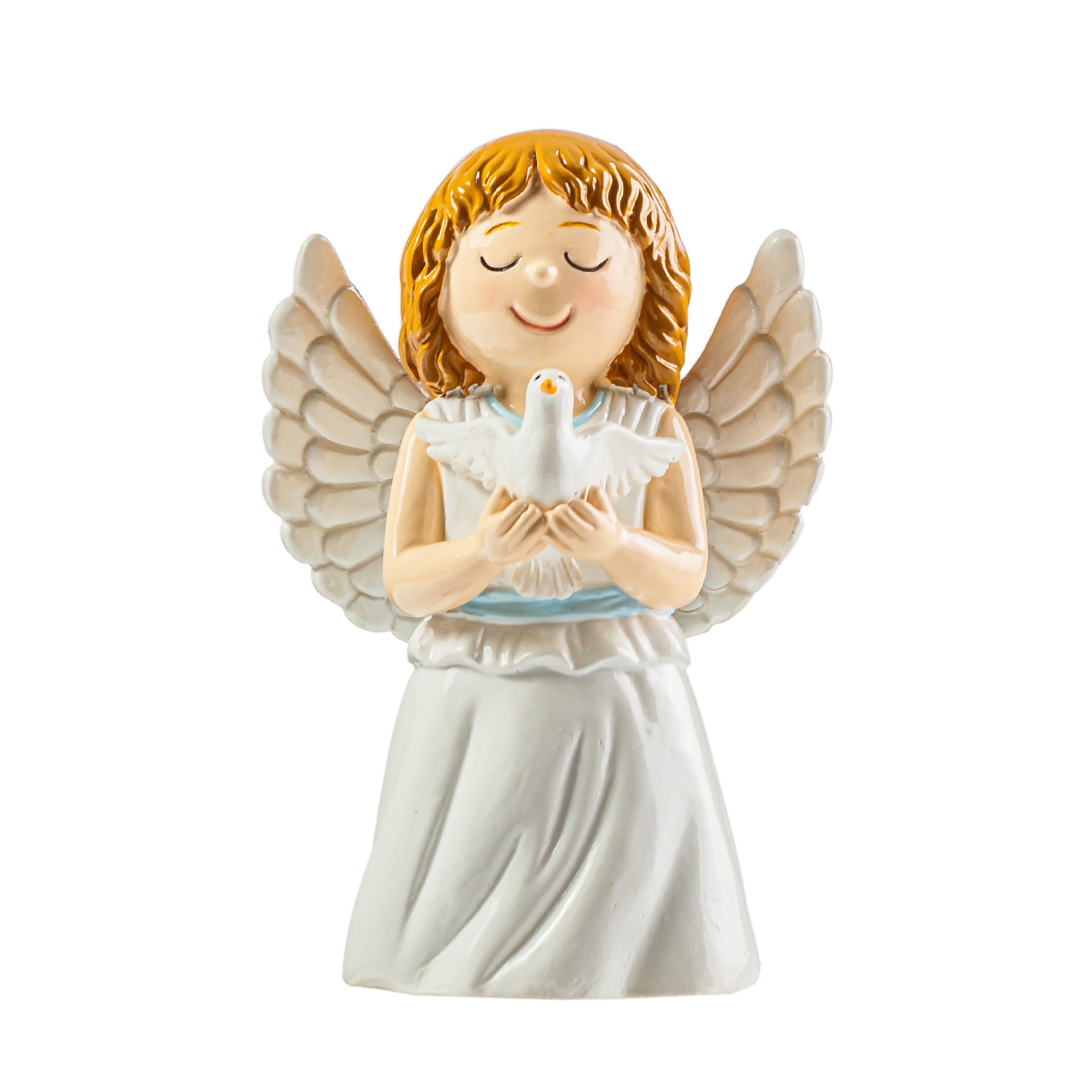 Figurinha de anjo com vestido branco segurando uma pomba branca