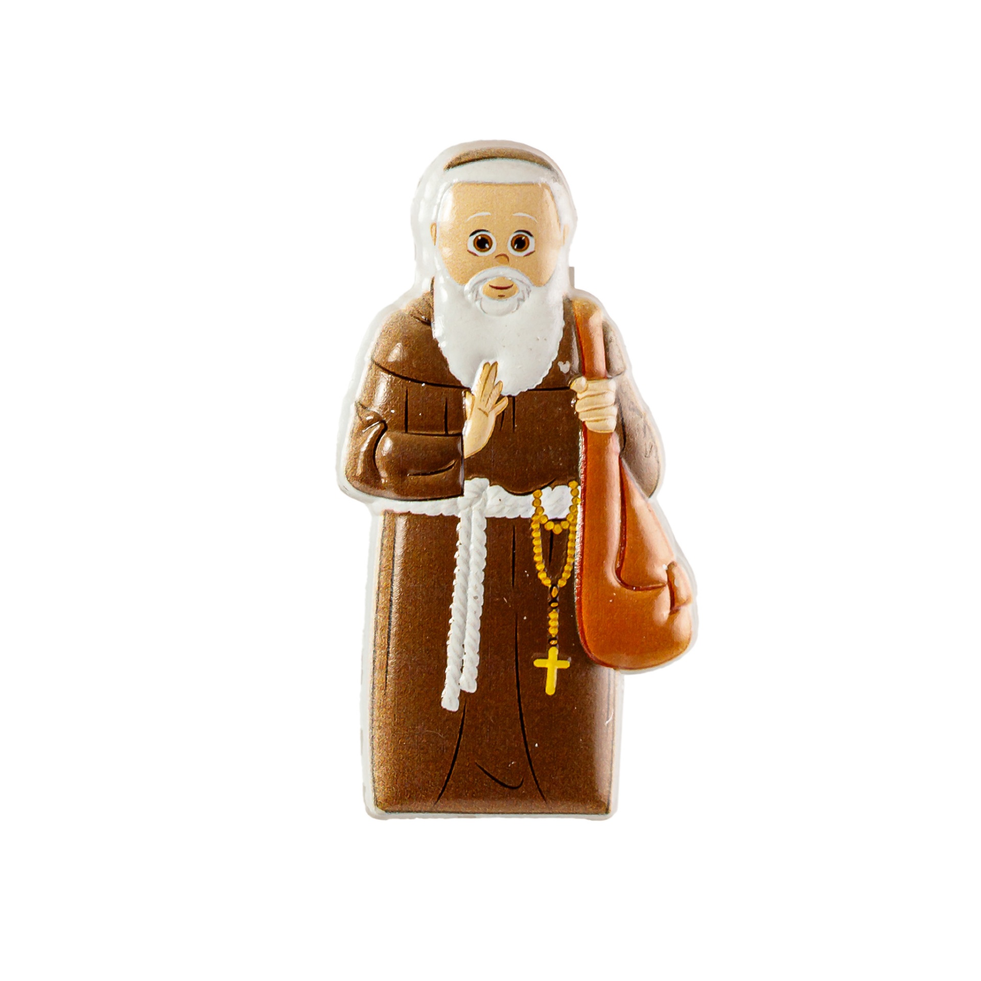Figura decorativa de padre ou monge com hábito castanho e rosário