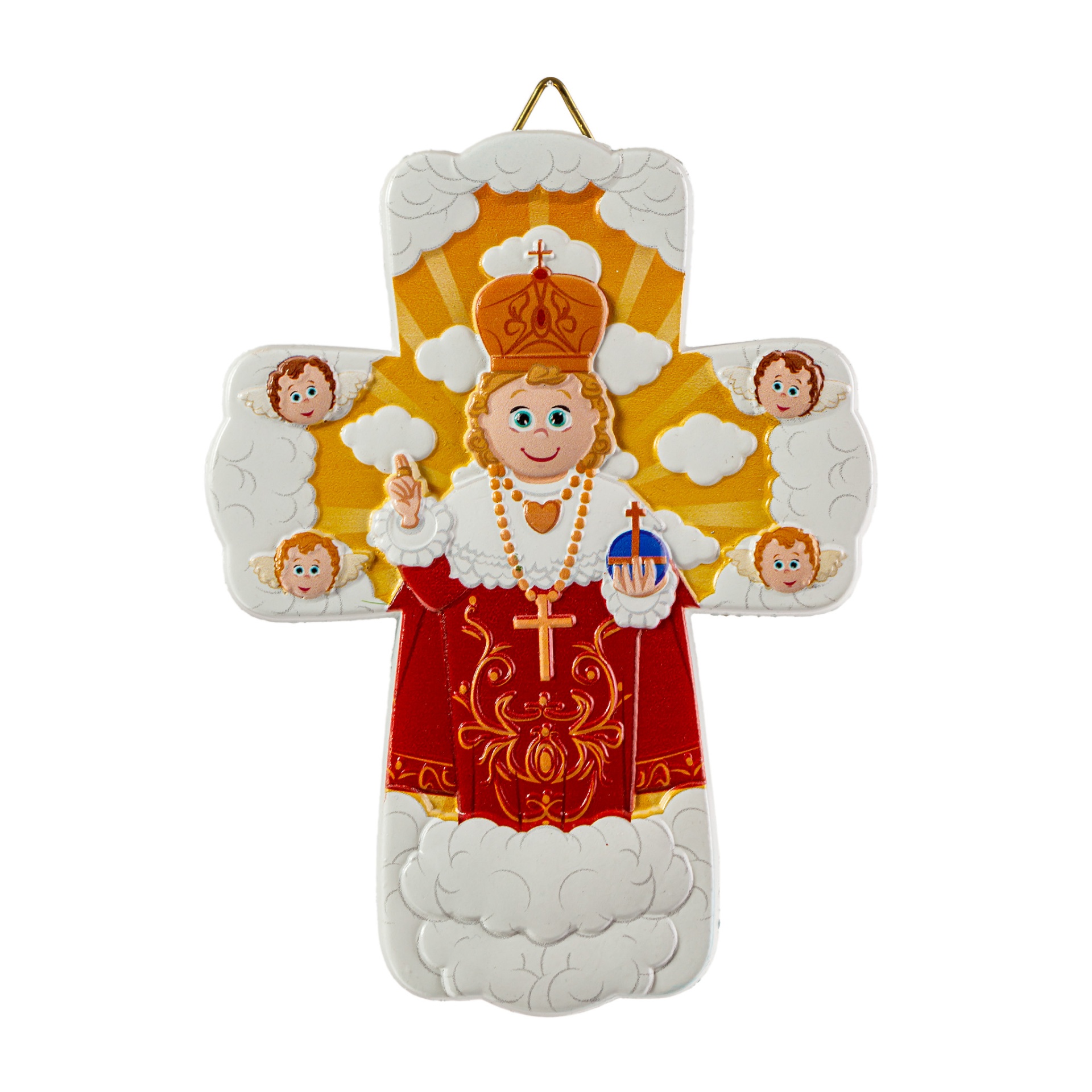 Cruz decorativa com figura religiosa colorida e anjos