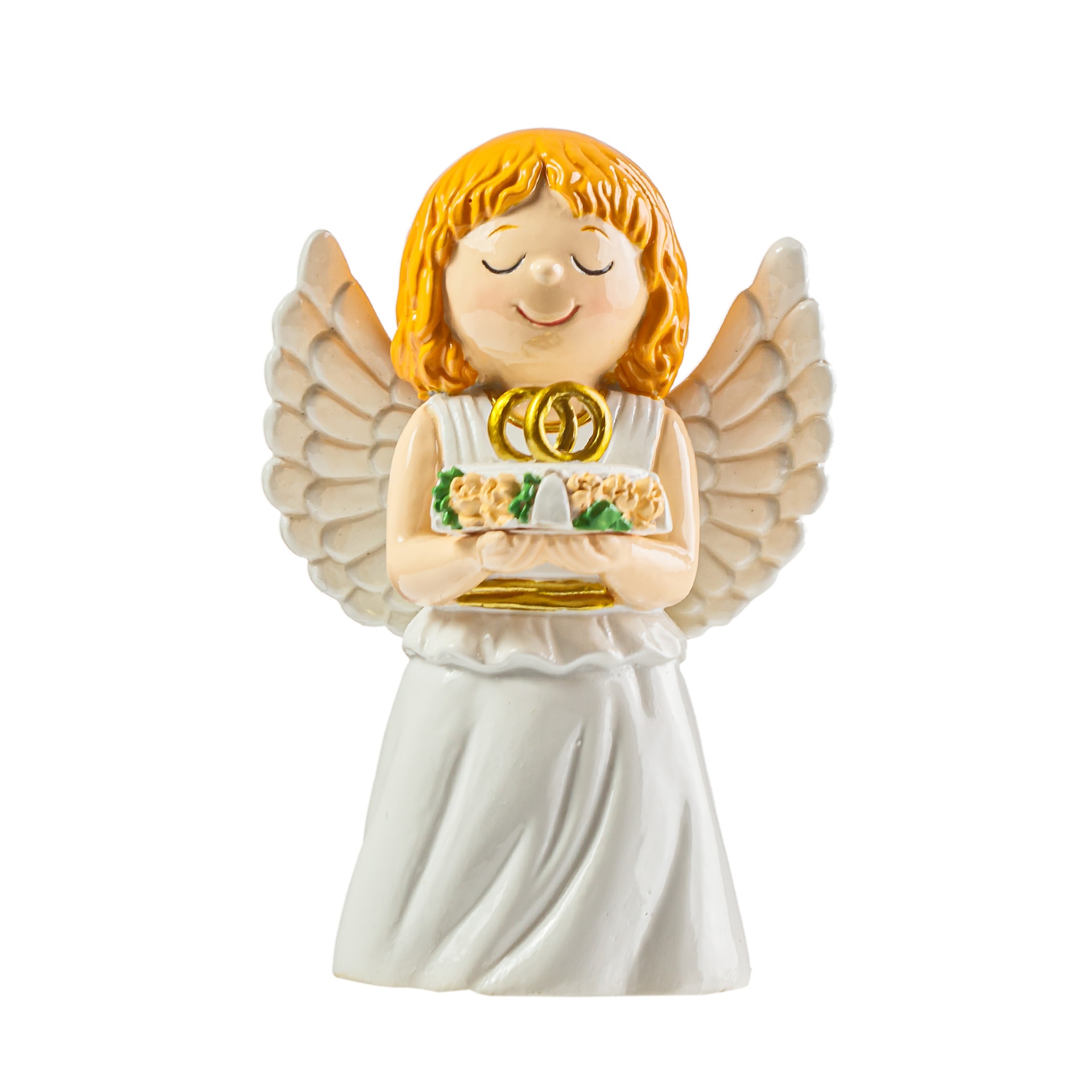Figura decorativa de anjo em resina com asas e vestido branco