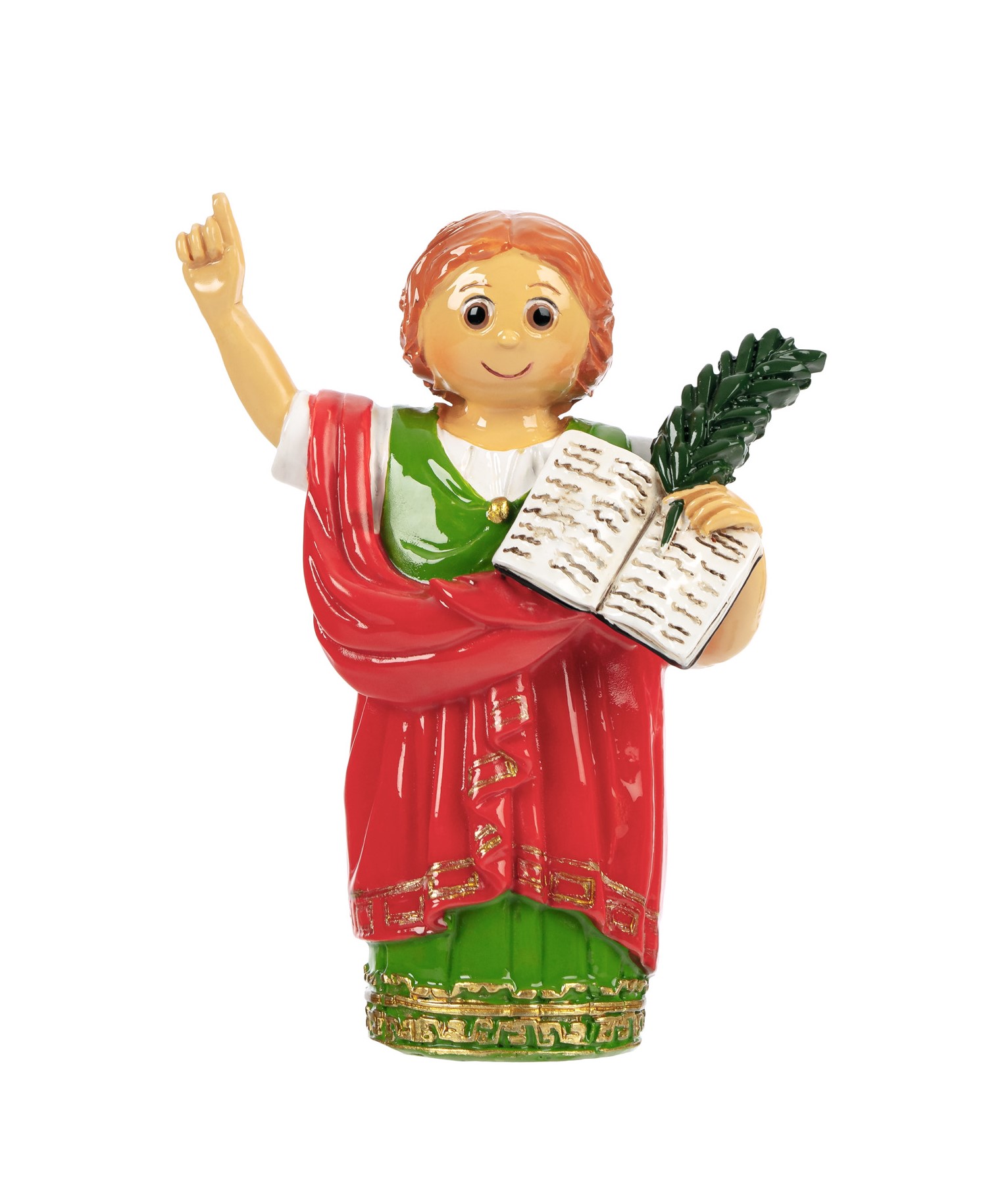 Figurinha de estatueta de pessoa com túnica verde e manto vermelho segurando livro e ramo