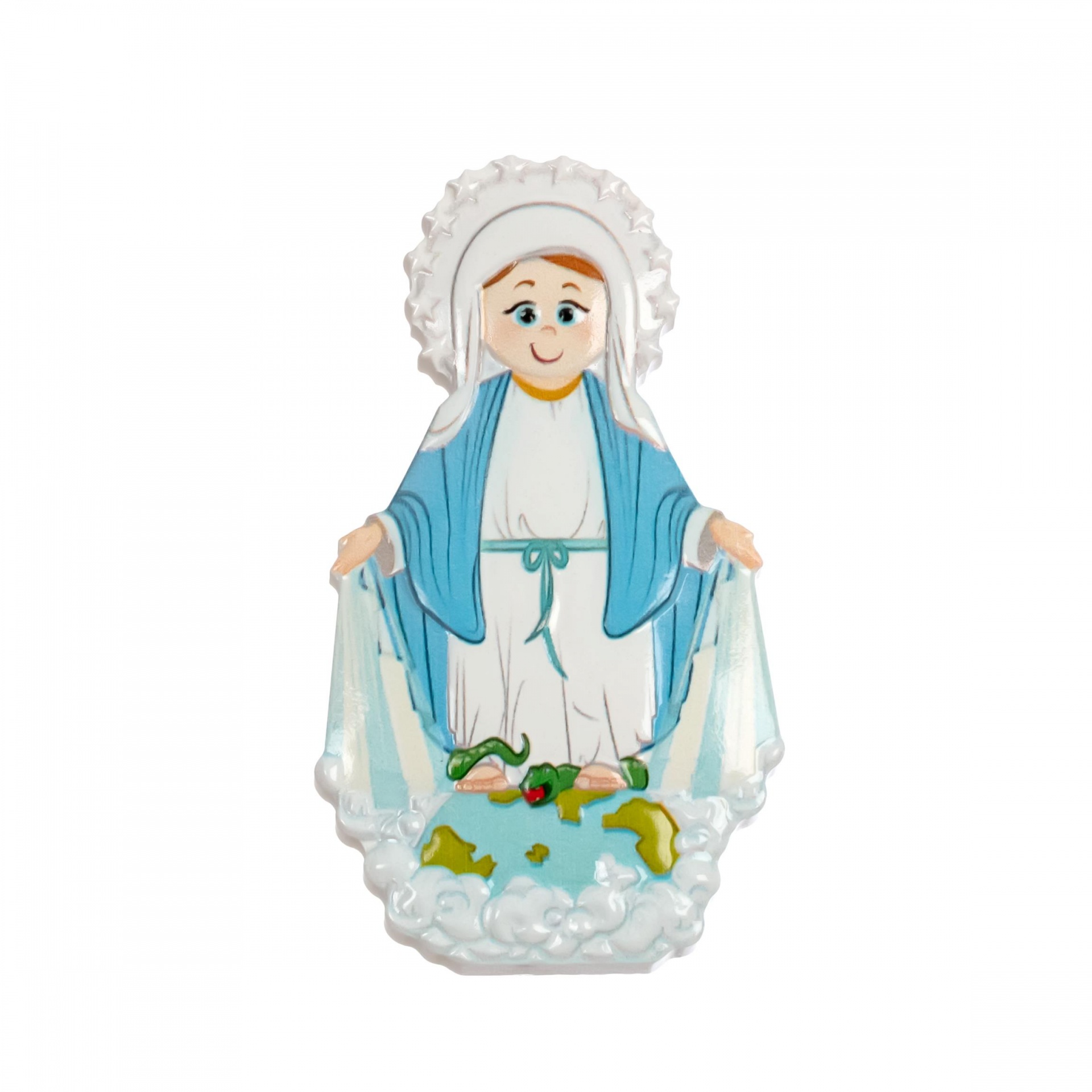 Figura decorativa da Virgem Maria em plástico com túnica e manto azul