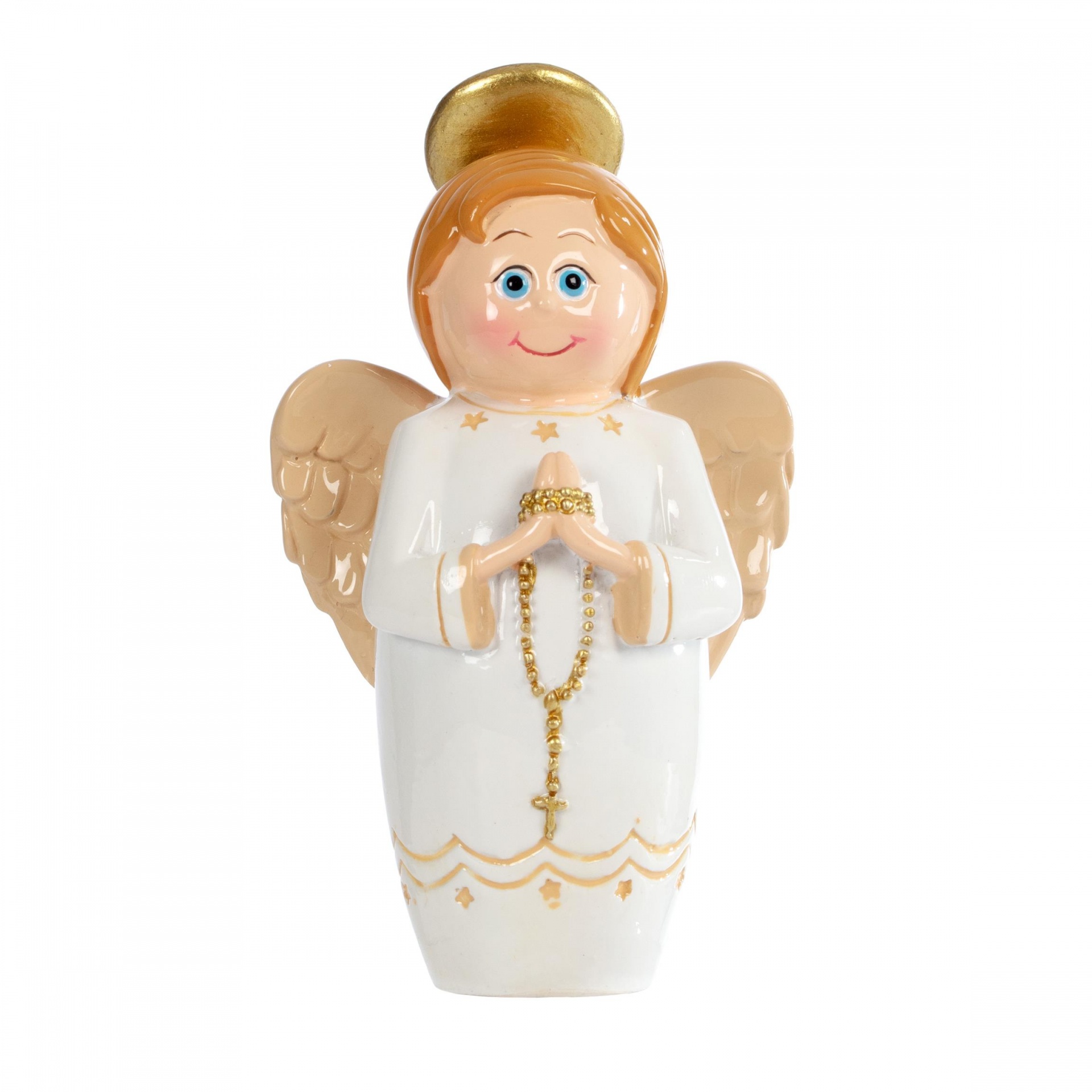 Figurinha decorativa de anjo em cerâmica com vestido branco e detalhes dourados
