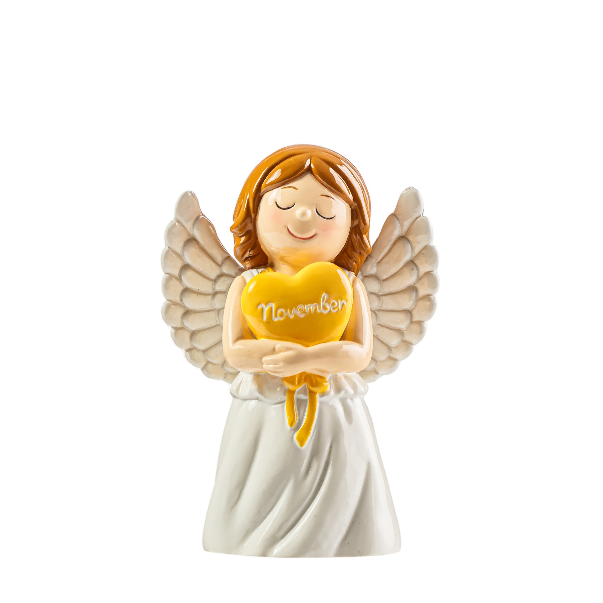 Estatueta de anjo a segurar coração amarelo com a palavra November