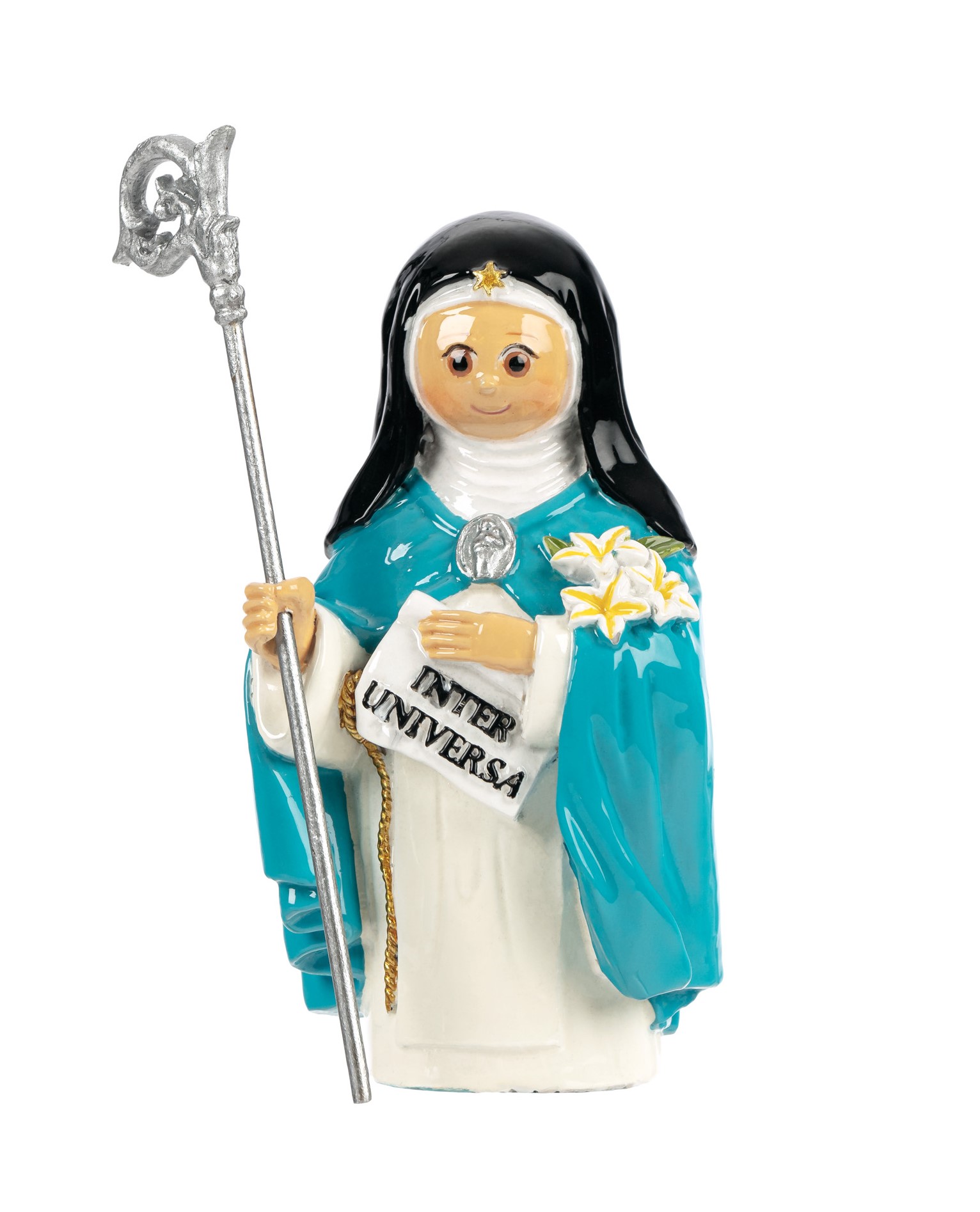 Figura decorativa de freira com hábito azul e preto, segurando um livro e um cajado.
