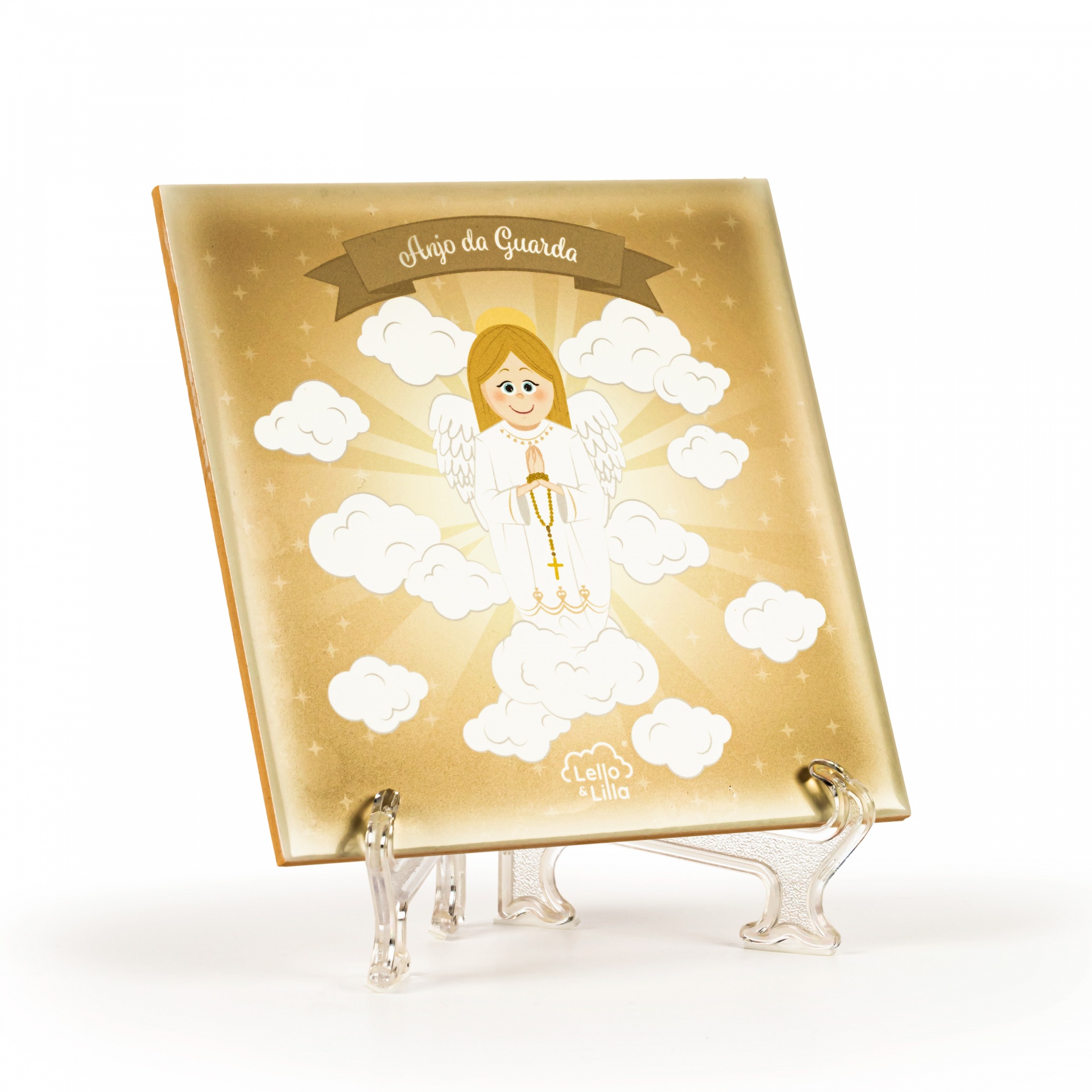 Placa decorativa com desenho de anjo e texto 'Anjo da Guarda' em tons dourados