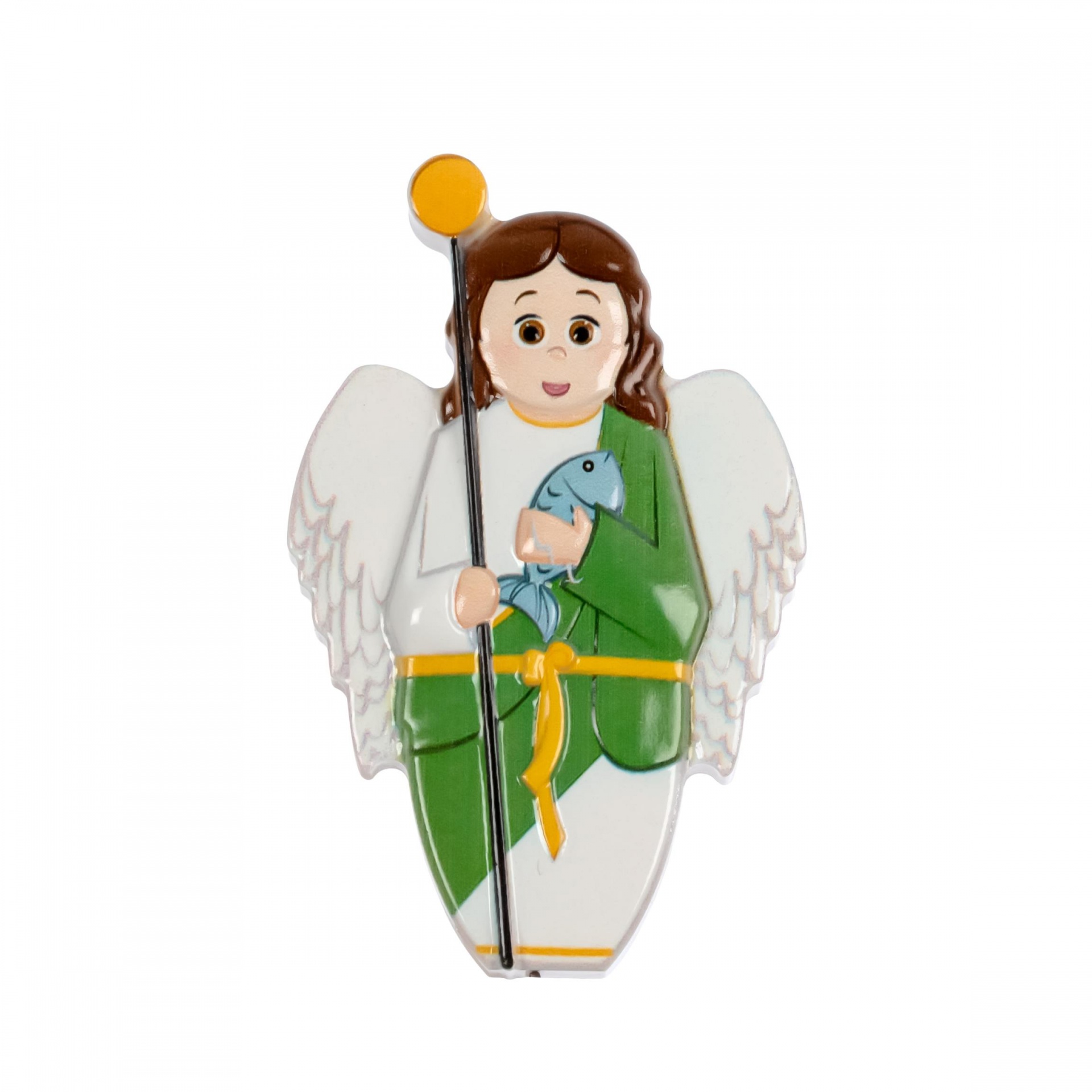 Figura de anjo verde e branca com peixe azul e vara amarela