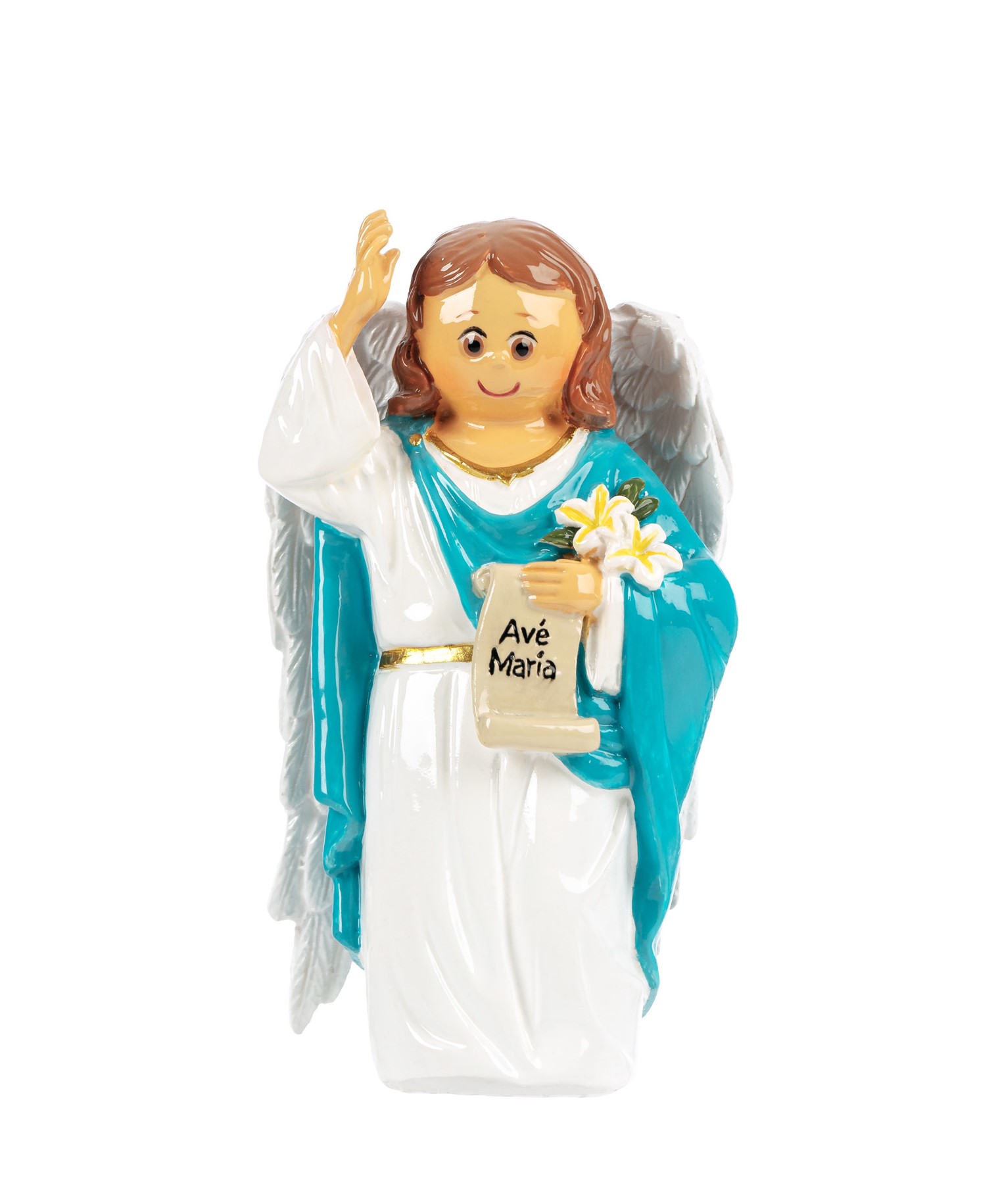 Estátua de anjo em cerâmica com vestido branco, manto azul e asas cinzentas