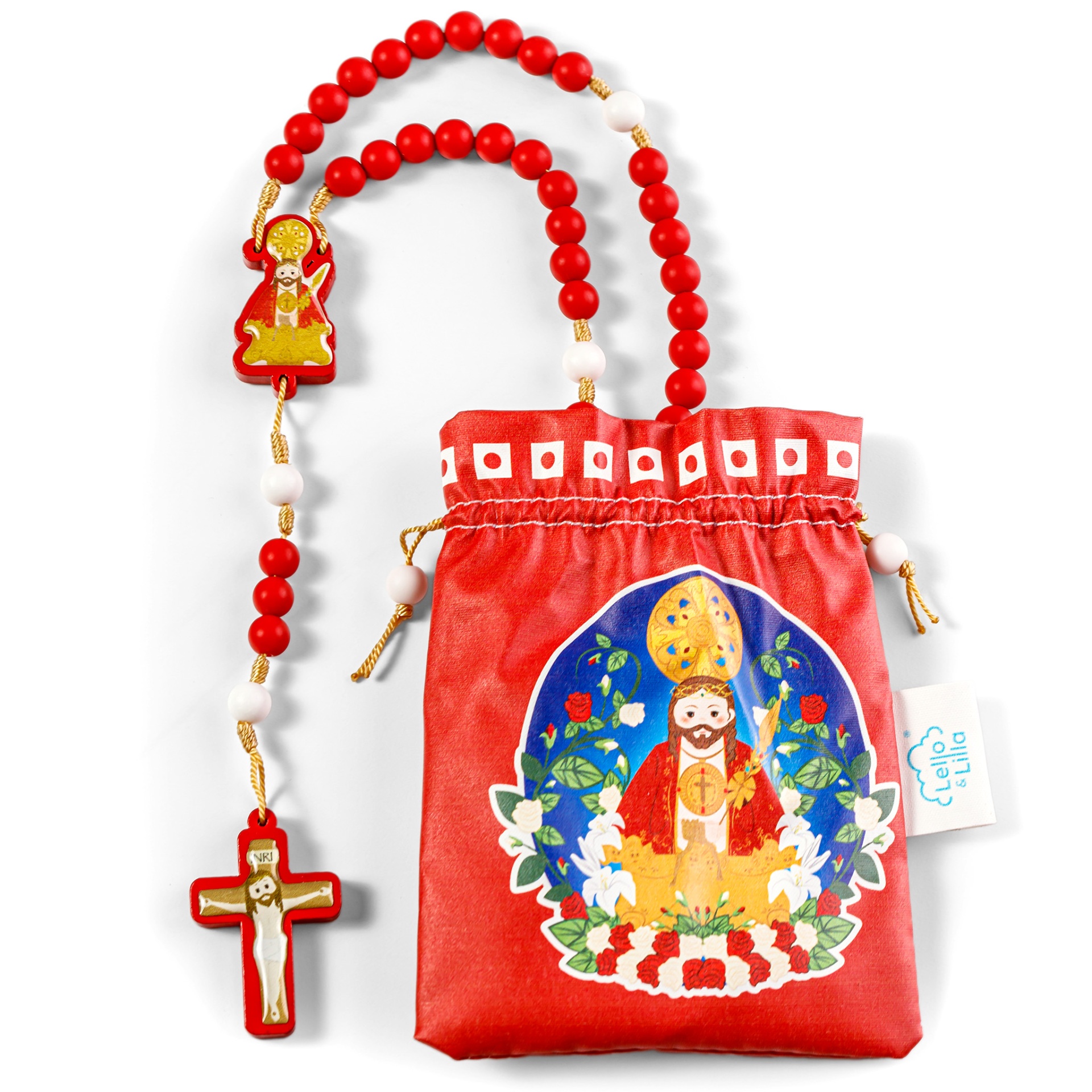 Colar de contas com crucifixo e saco de tecido vermelho com imagem religiosa