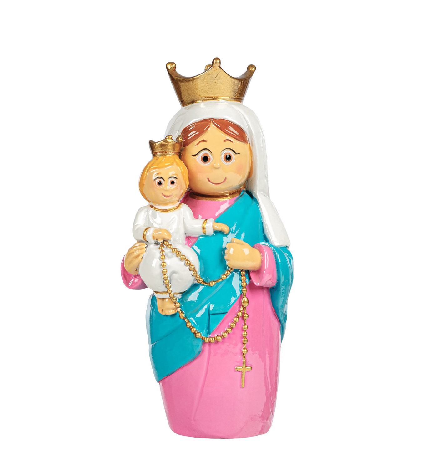 Estatueta religiosa em cerâmica com figura feminina e criança com coroas e roupas coloridas