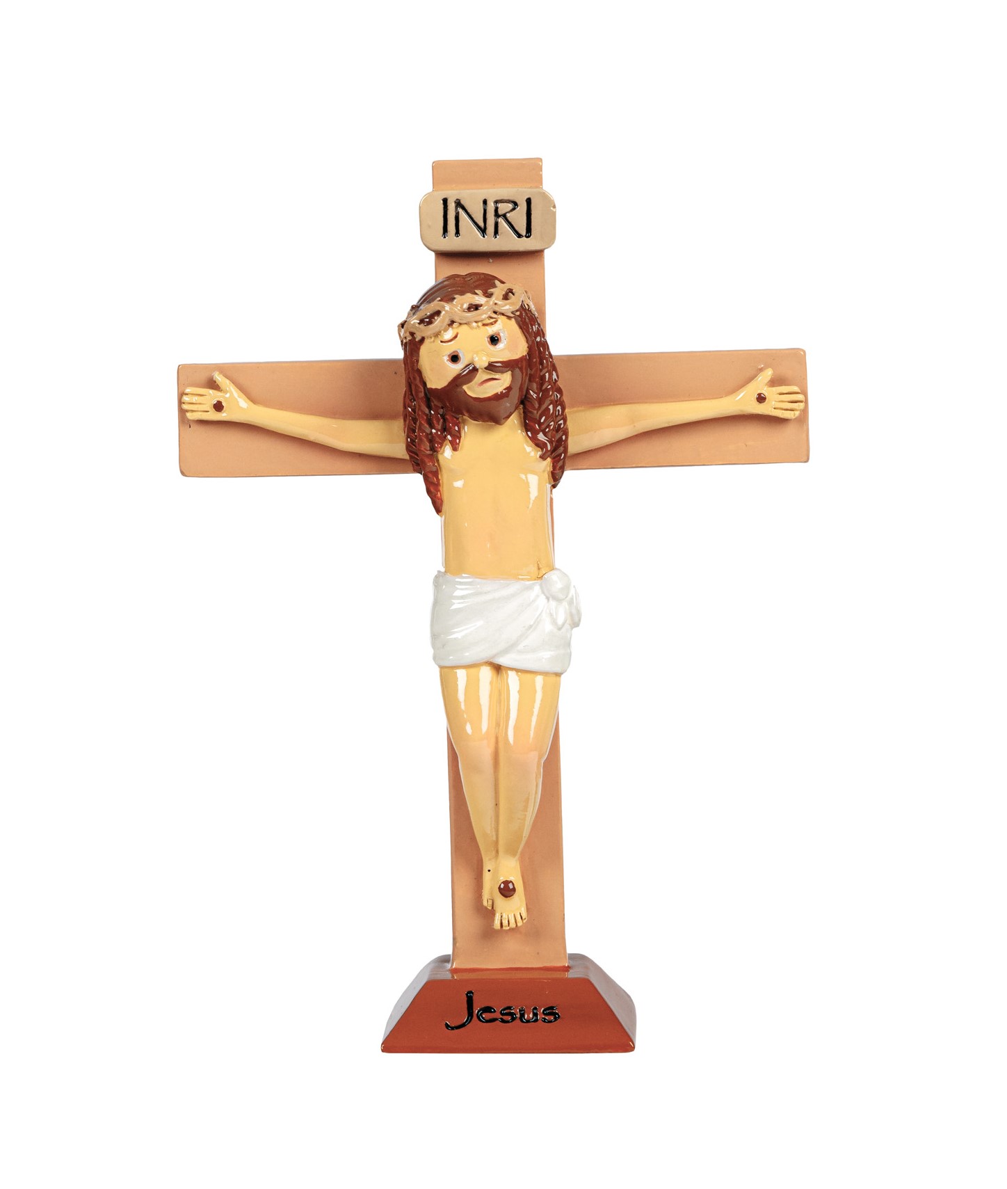 Crucifixo em madeira com figura de Jesus e texto 'INRI'