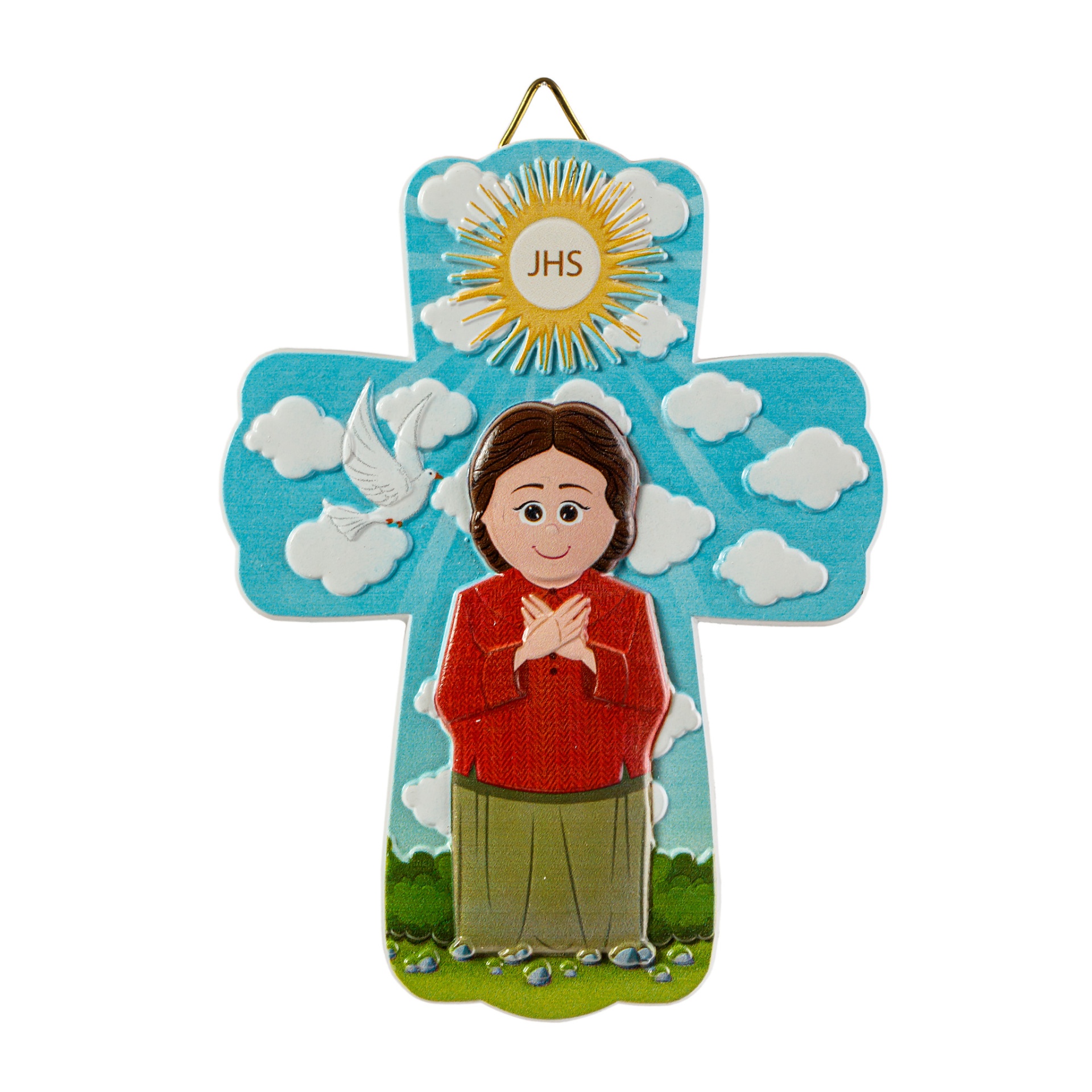 Cruz decorativa colorida com figura infantil e letras JHS