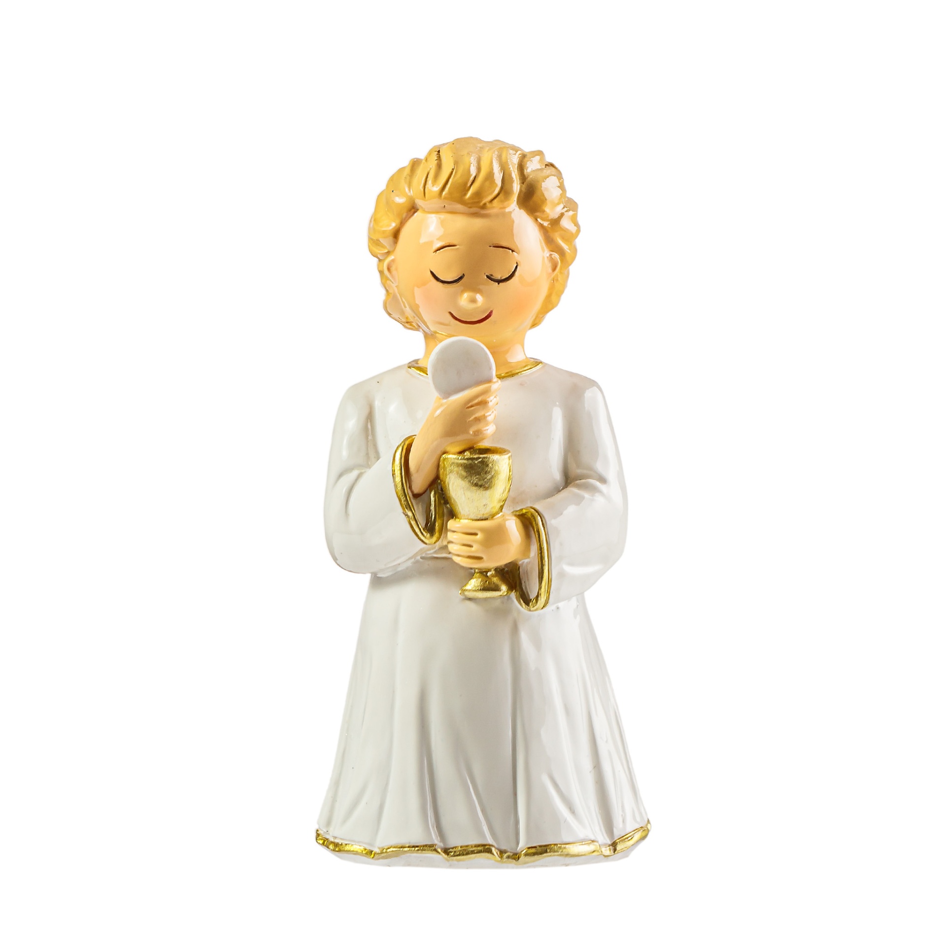 Figura decorativa de anjo branco e dourado com cálice e hóstia