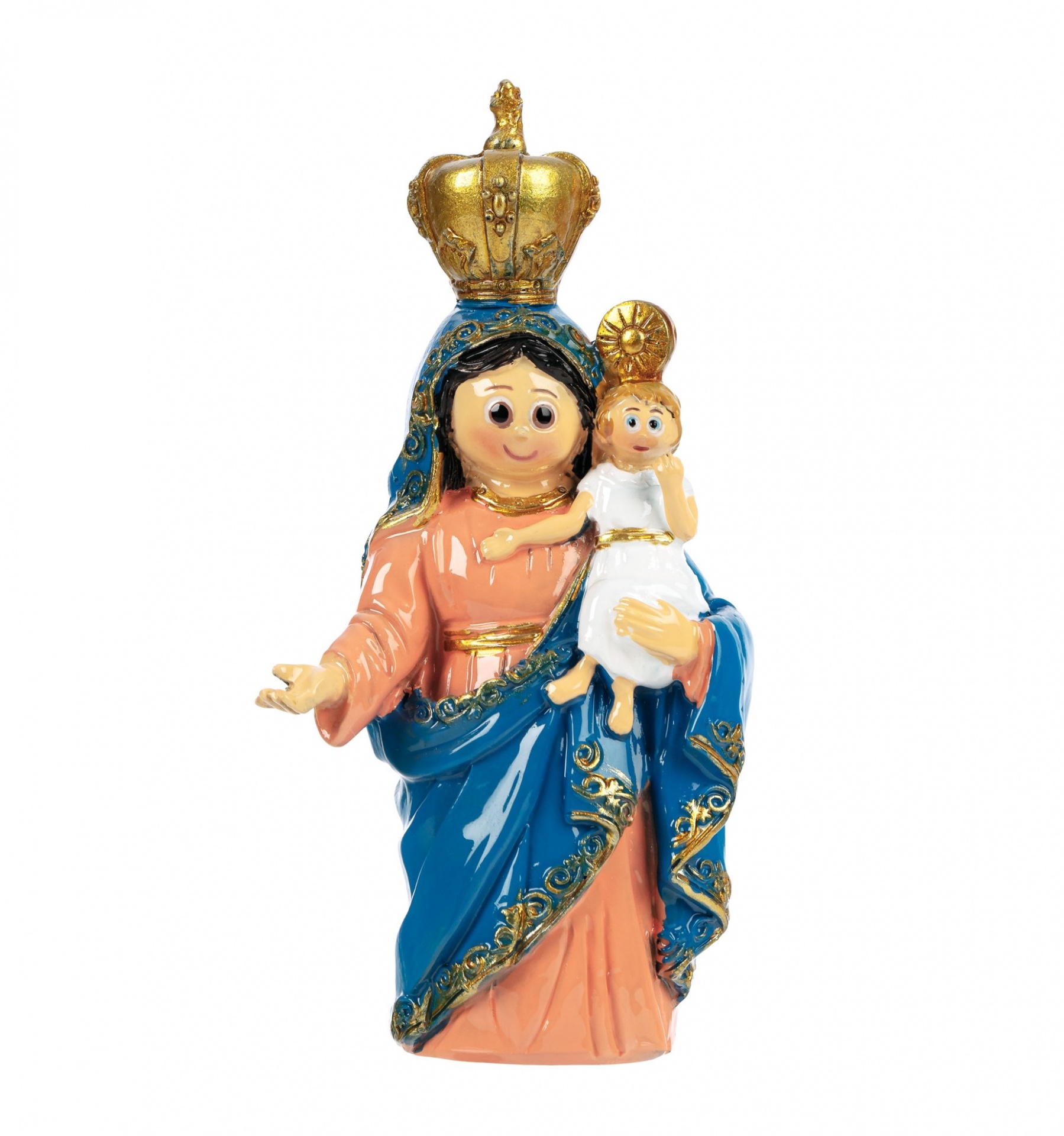 Estatueta cerâmica Virgem Maria com menino Jesus, vestes azul e cor-de-rosa