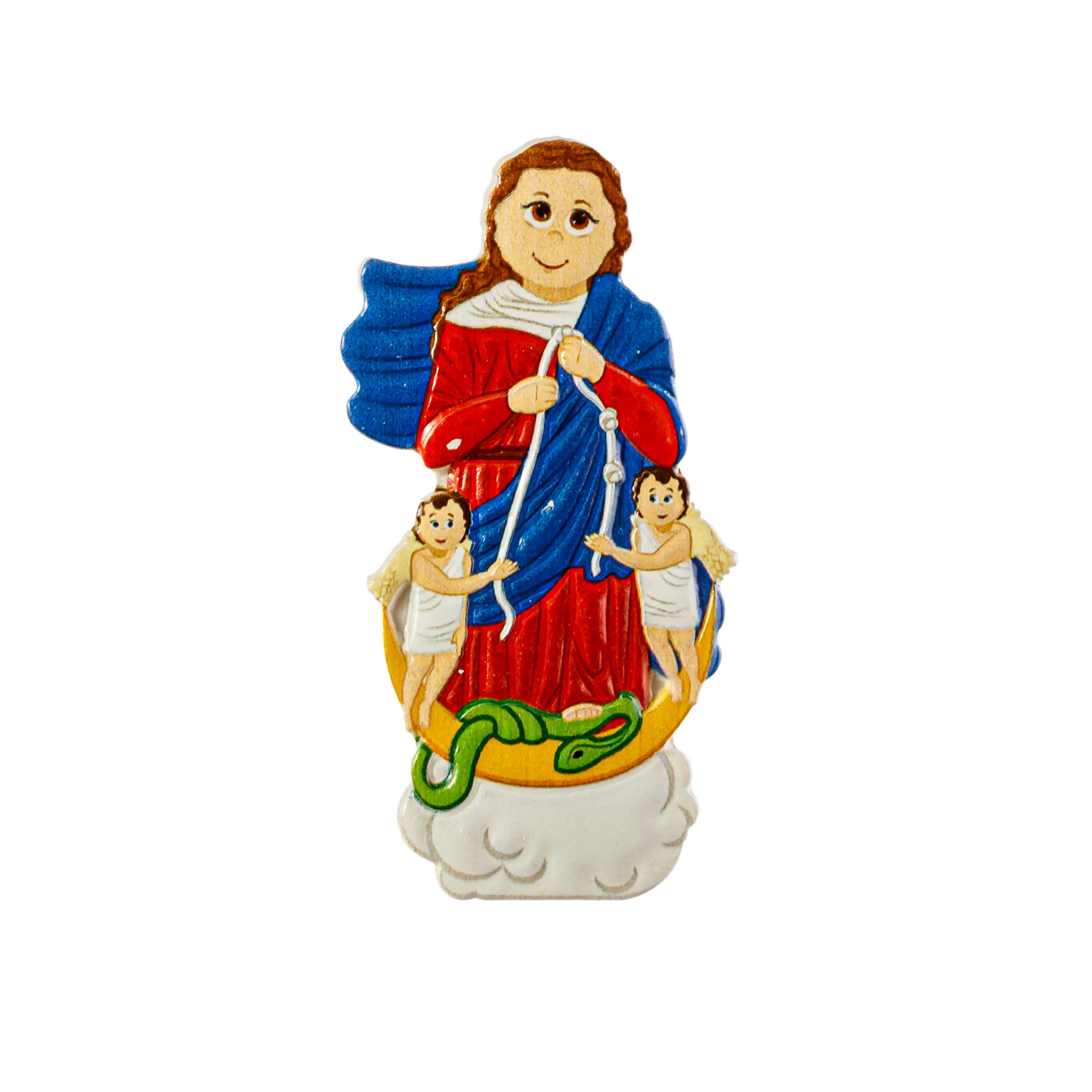 Figurinha decorativa colorida de mulher com anjos e serpente