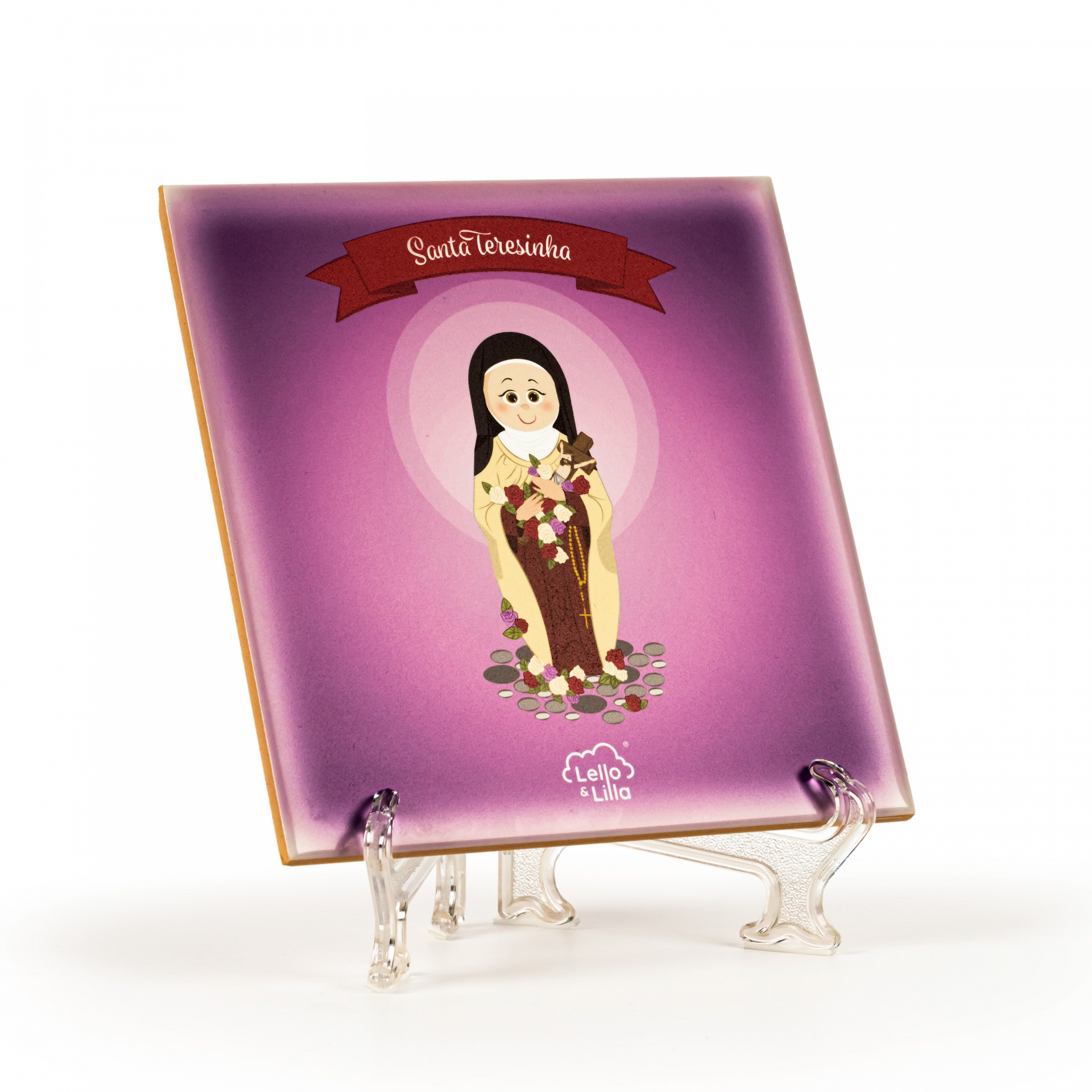 Prato decorativo com imagem de Santa Teresinha e fundo lilás